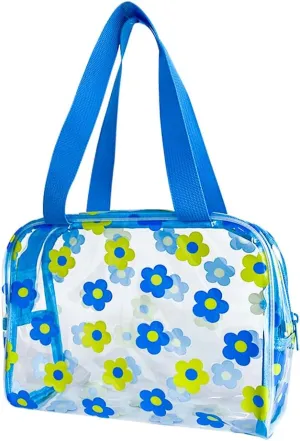 TotePrint Clear Floral Hand Bag and Travel Cosmetics Pouch with Handle,Durable Waterproof PVC Versatile Smooth Zipper Design (Blue Yellow)