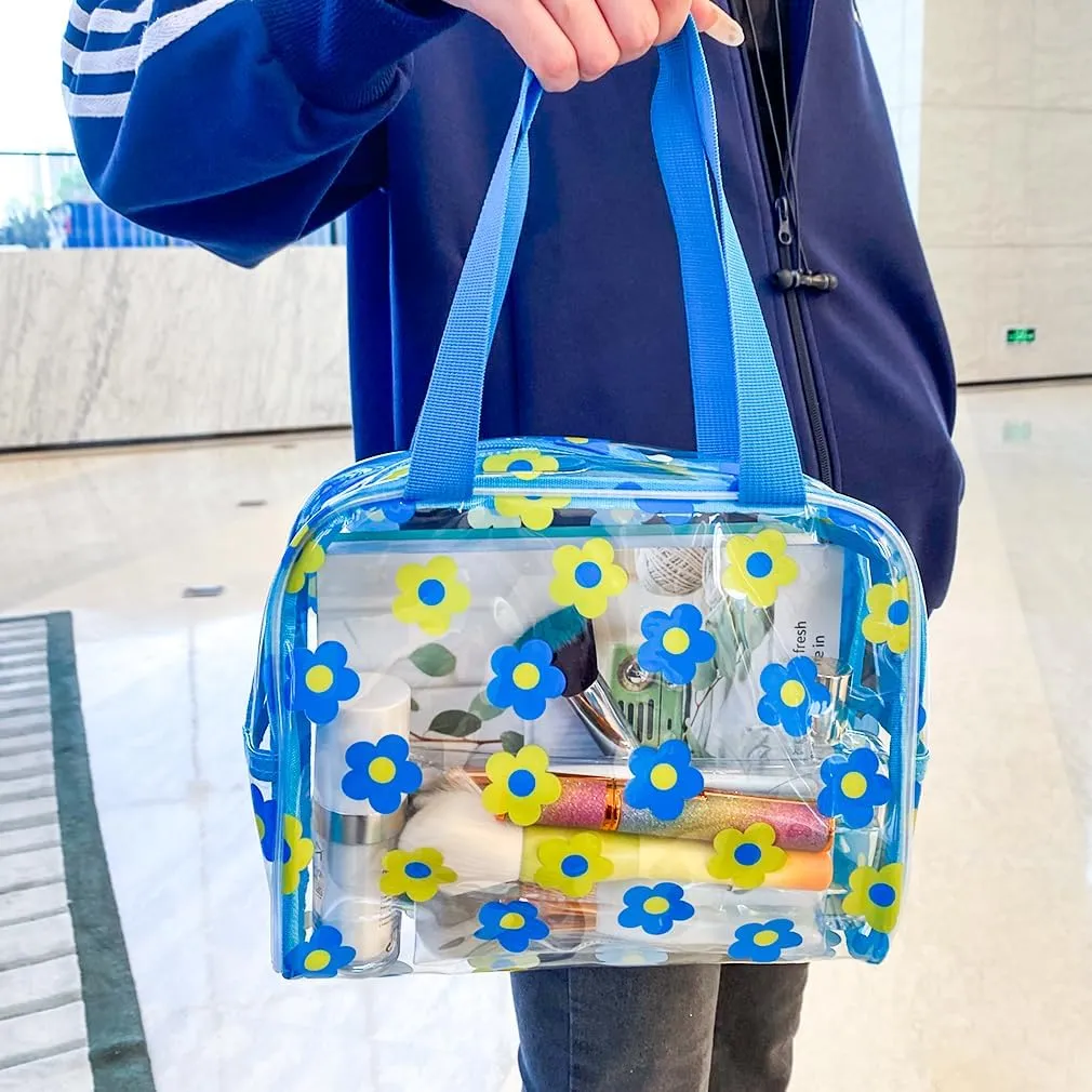 TotePrint Clear Floral Hand Bag and Travel Cosmetics Pouch with Handle,Durable Waterproof PVC Versatile Smooth Zipper Design (Blue Yellow)