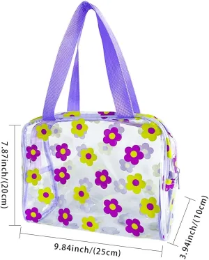 TotePrint Clear Floral Hand Bag and Travel Cosmetics Pouch with Handle,Durable Waterproof PVC Versatile Smooth Zipper Design (Red Green Yellow)