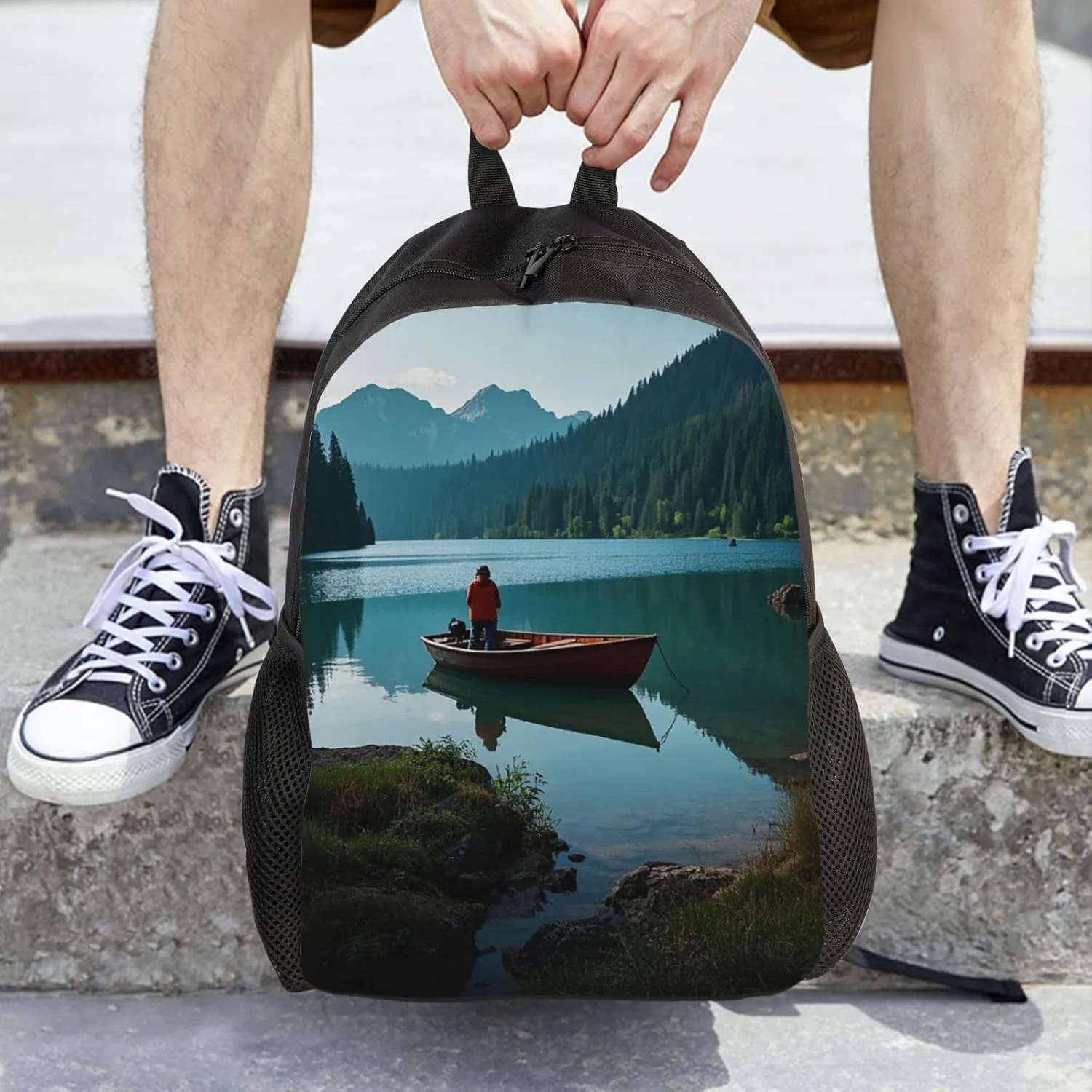 Travel Backpack for Women Men Lightweight 17 inch Laptop Bag Boat at Lake Shore Backpack Casual Daypack