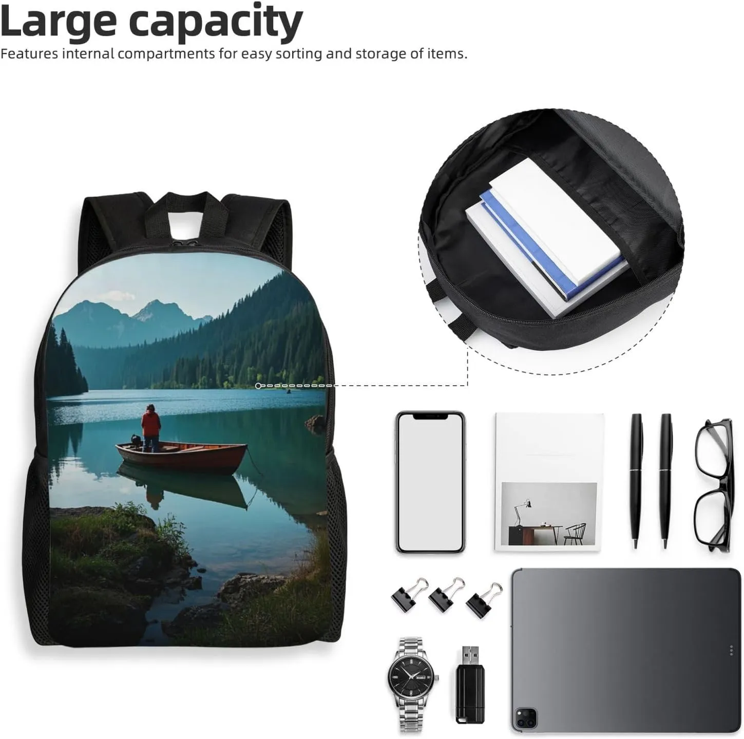 Travel Backpack for Women Men Lightweight 17 inch Laptop Bag Boat at Lake Shore Backpack Casual Daypack