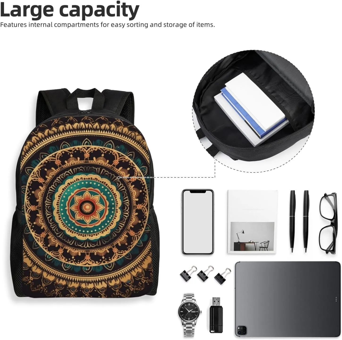 Travel Backpack for Women Men Lightweight 17 inch Laptop Bag Mandala Backpack Casual Daypack