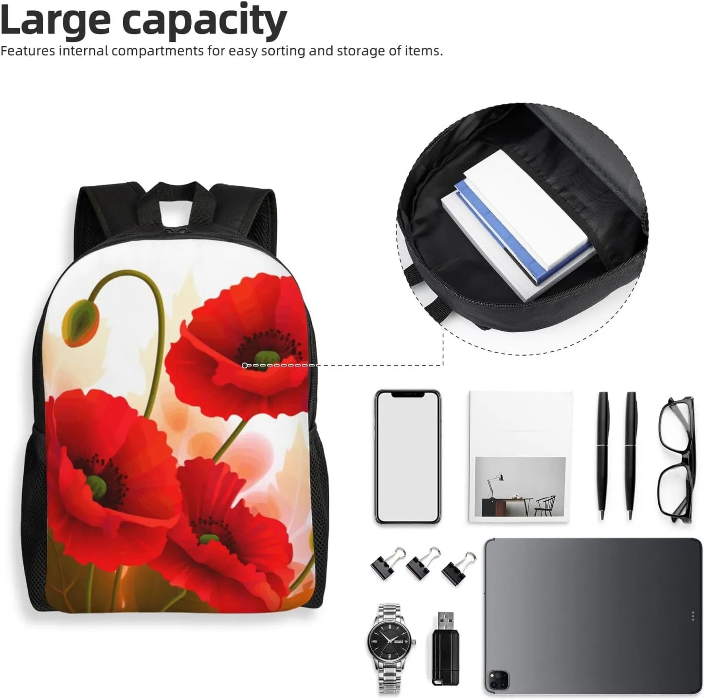 Travel Backpack for Women Men Lightweight 17 inch Laptop Bag Poppy Flowers Vivid Petals Backpack Casual Daypack