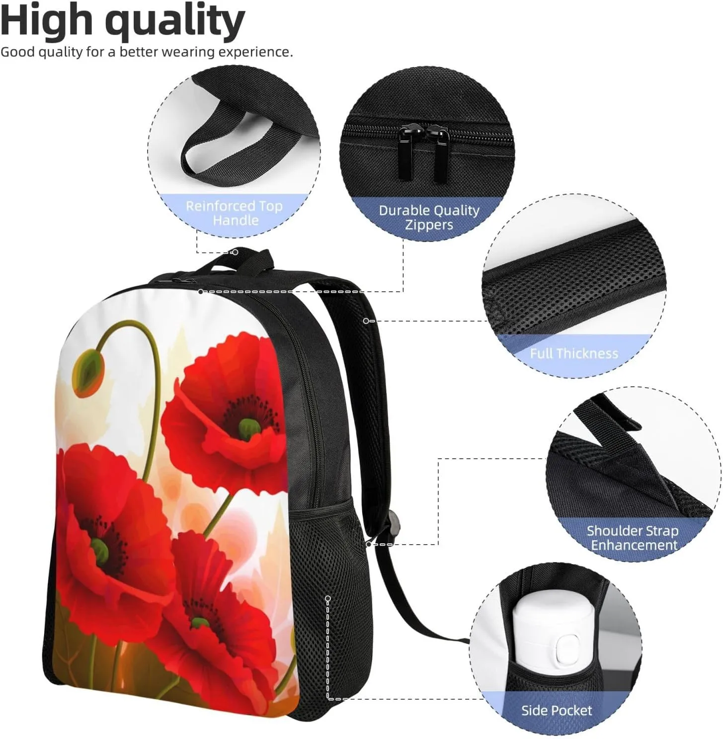 Travel Backpack for Women Men Lightweight 17 inch Laptop Bag Poppy Flowers Vivid Petals Backpack Casual Daypack