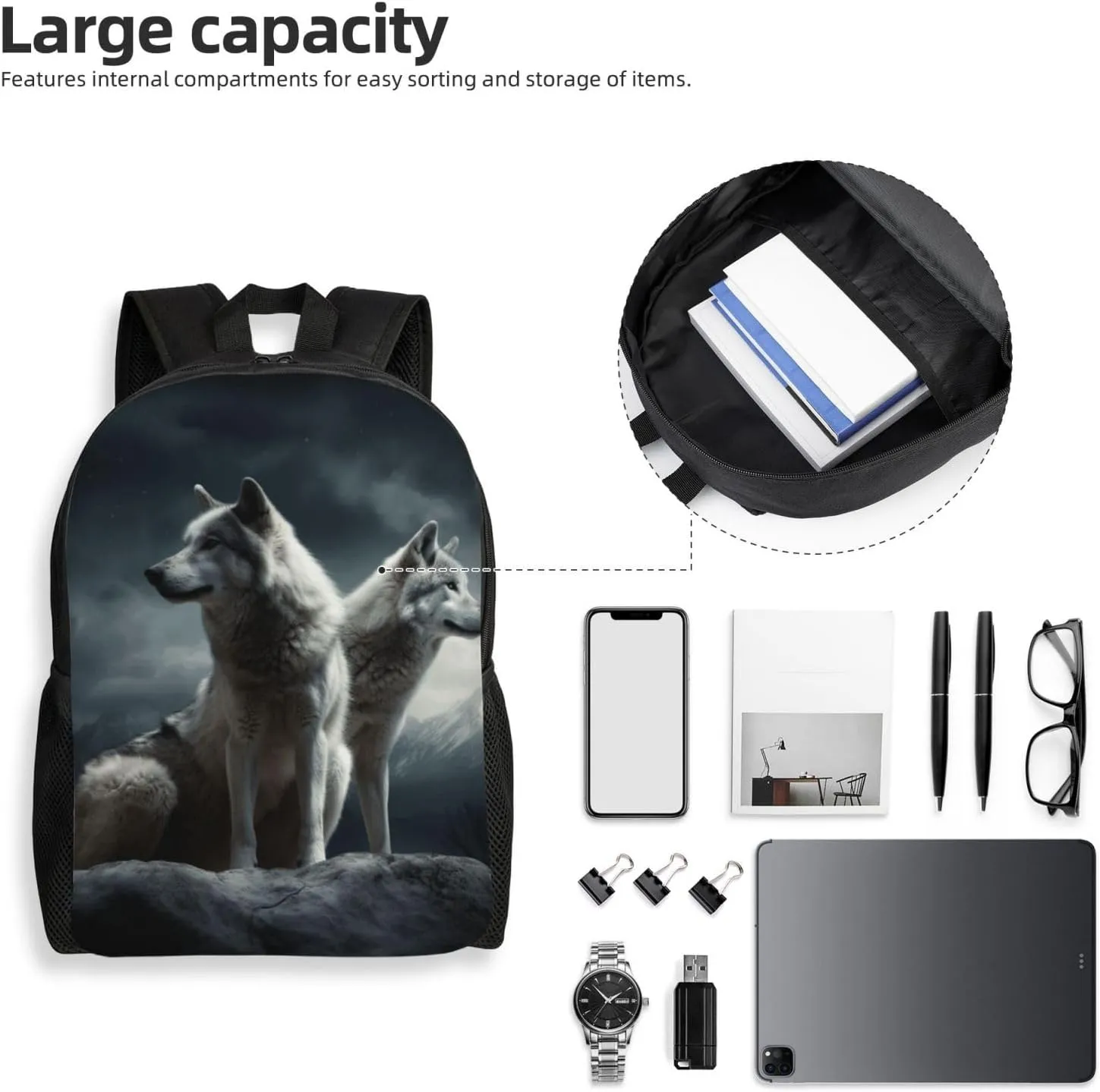 Travel Backpack for Women Men Lightweight 17 inch Laptop Bag wolf at night Backpack Casual Daypack