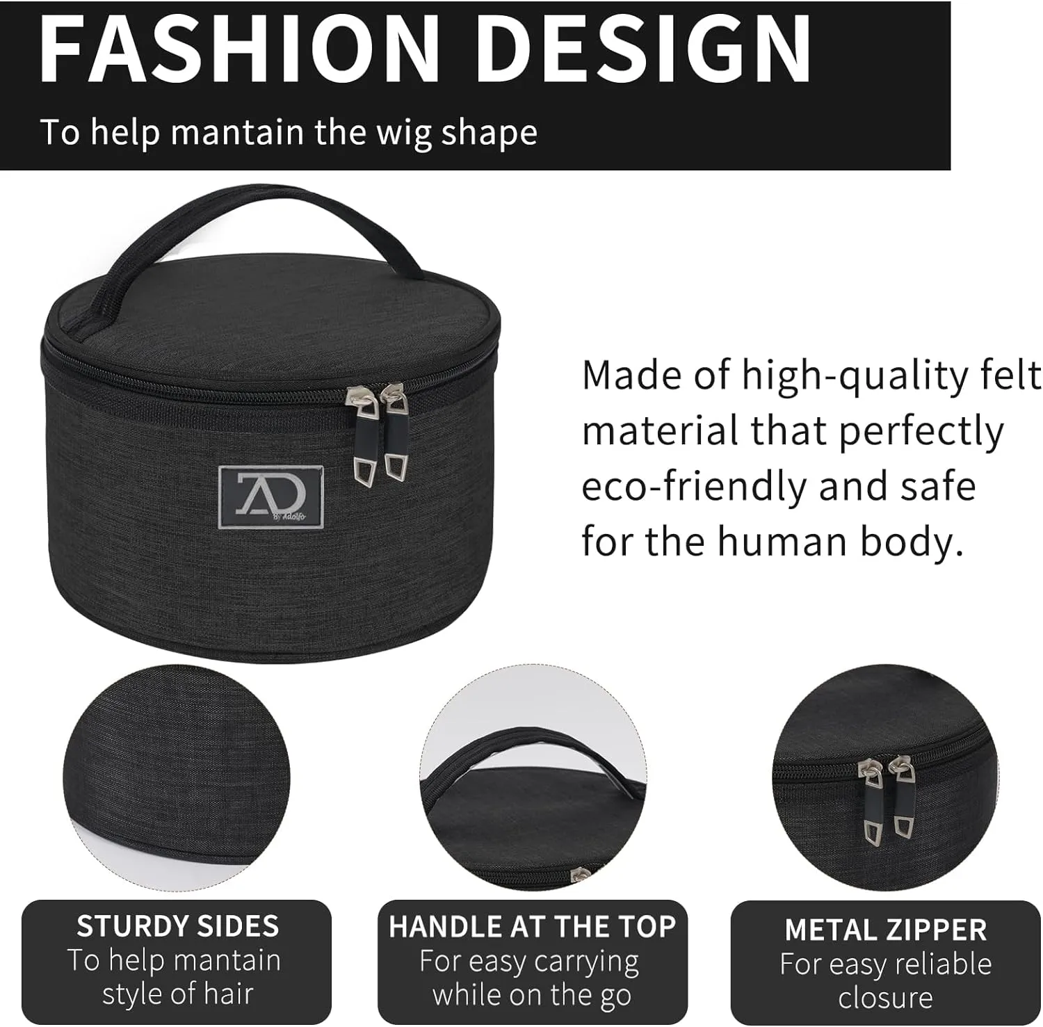 Travel Case for Wigs, Black Quilted Nylon with Interior Mirror, Zipper, & Double Stitching, Lightweight & Portable Wig Pouch by Adolfo Design