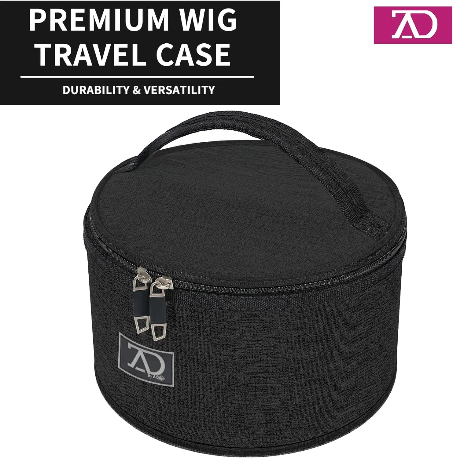 Travel Case for Wigs, Black Quilted Nylon with Interior Mirror, Zipper, & Double Stitching, Lightweight & Portable Wig Pouch by Adolfo Design