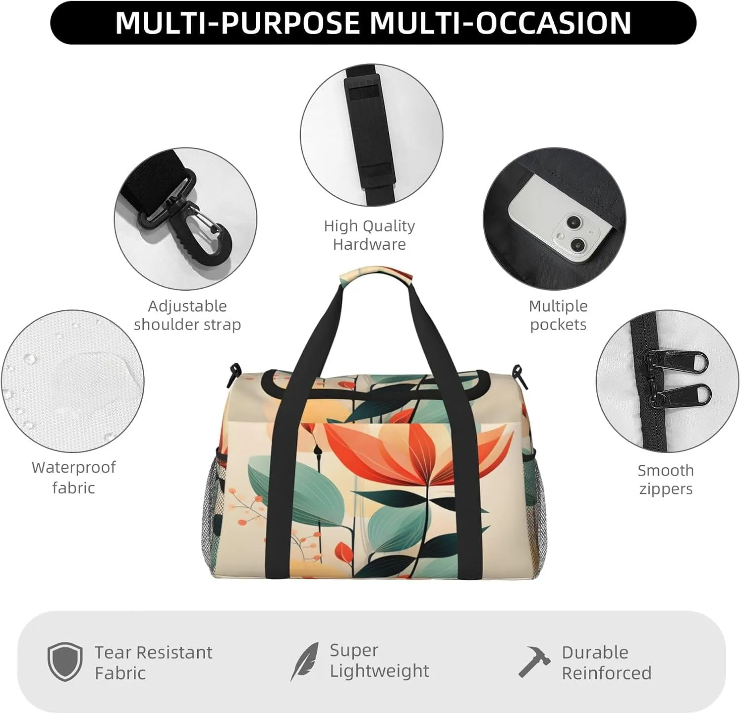 Travel Duffel Bag For Men Women, Abstract Geometric Flower Carry On Sport Gym Bag With Shoulder Strap Lightweight Waterproof Weekender Bag Overnight Bag