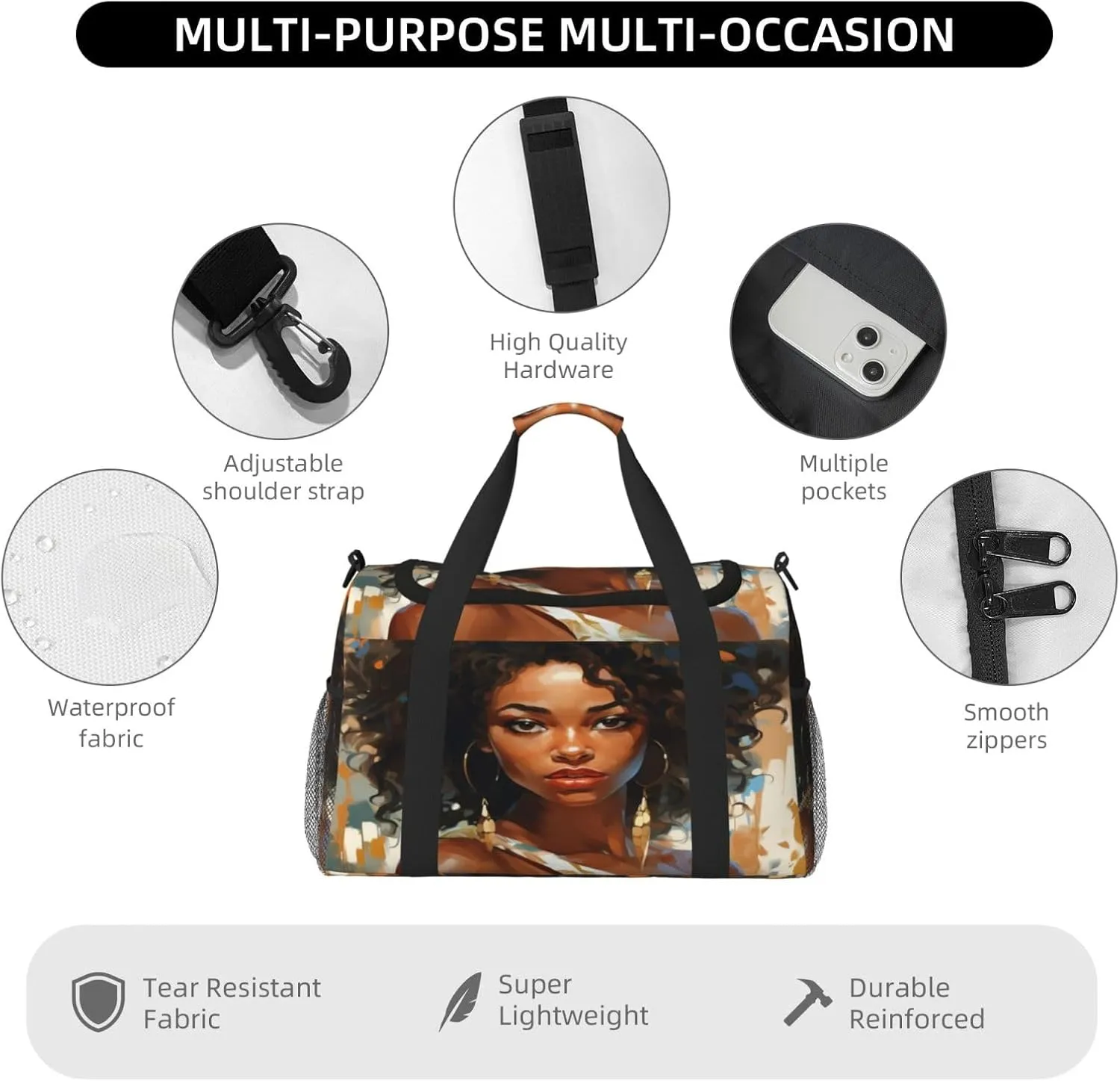 Travel Duffel Bag For Men Women, African American Women Painting Carry On Sport Gym Bag With Shoulder Strap Lightweight Waterproof Weekender Bag Overnight Bag