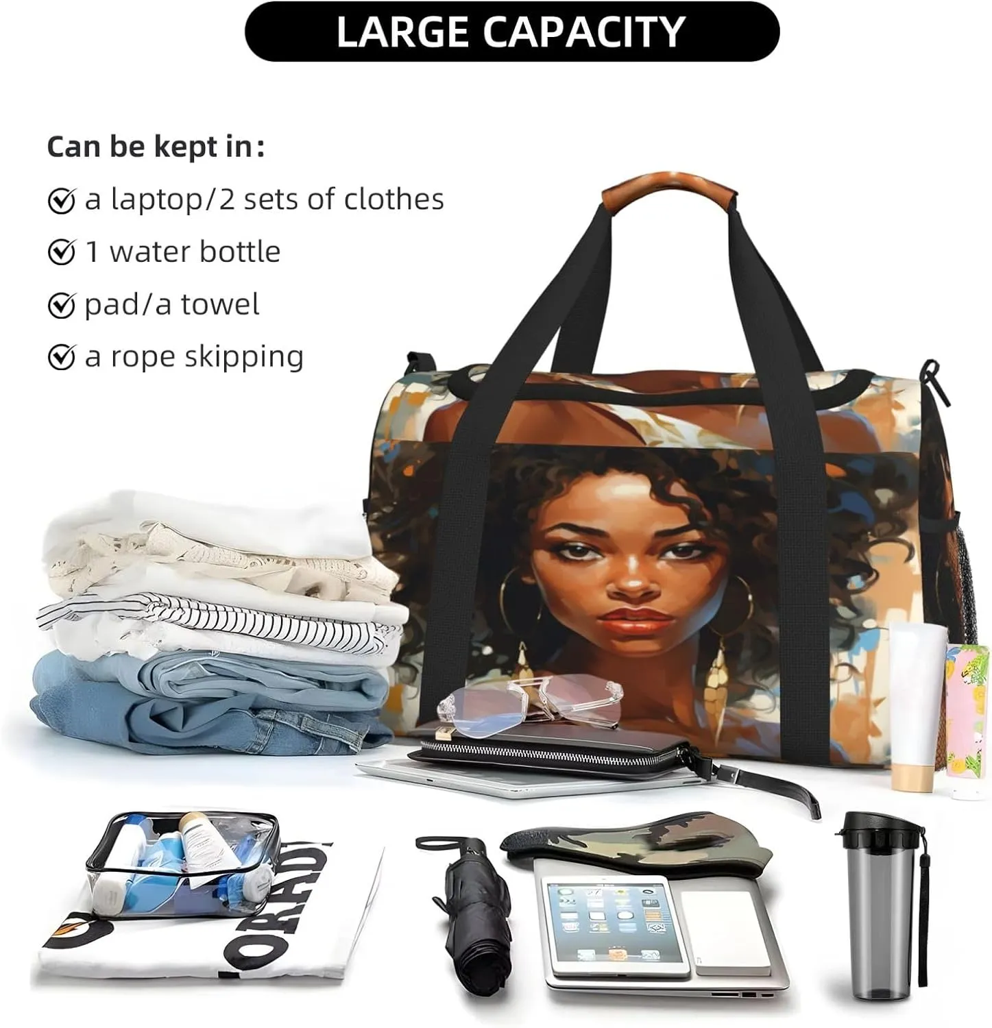 Travel Duffel Bag For Men Women, African American Women Painting Carry On Sport Gym Bag With Shoulder Strap Lightweight Waterproof Weekender Bag Overnight Bag