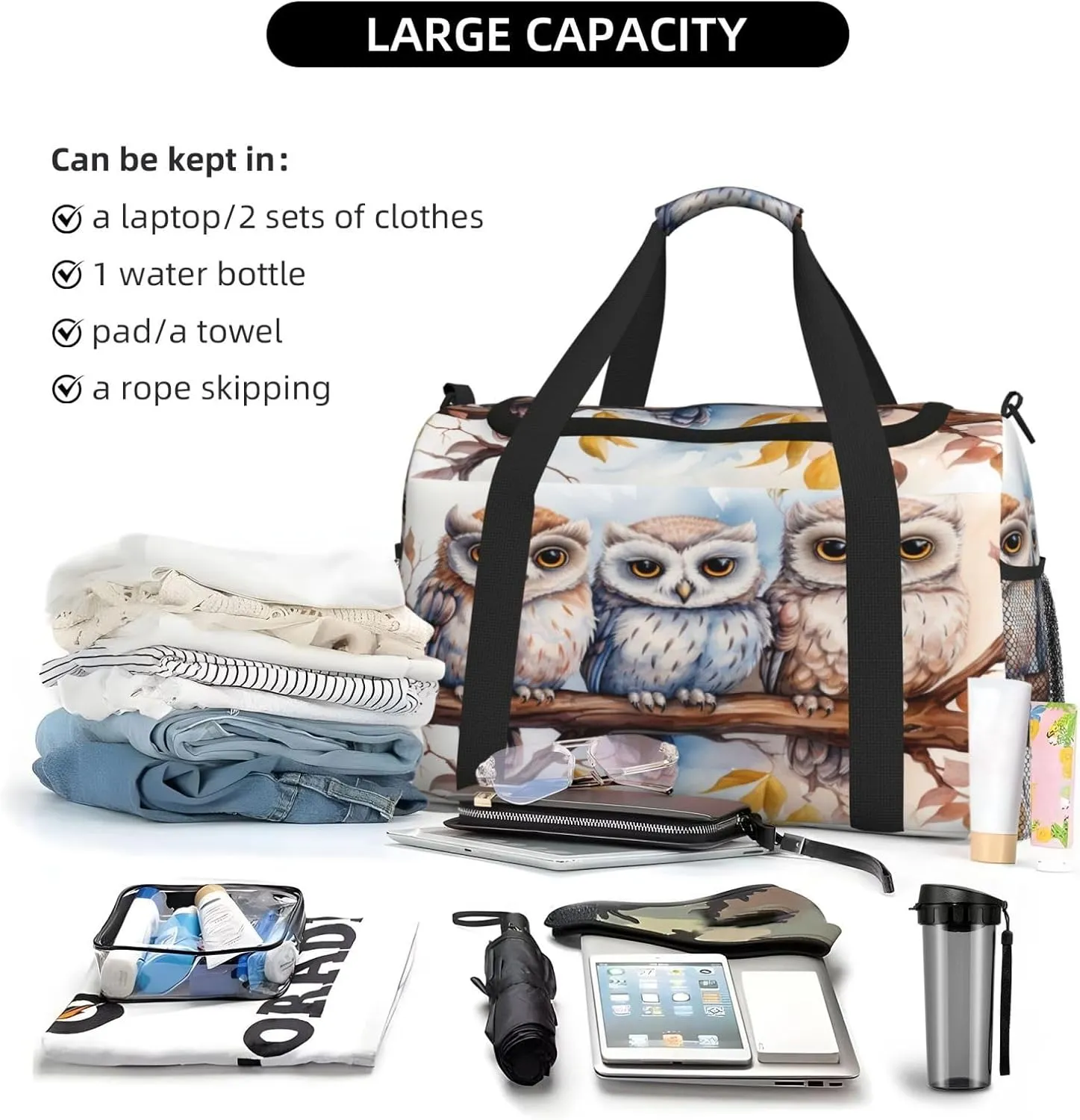 Travel Duffel Bag For Men Women, Animal Owl Bird Art Painting Carry On Sport Gym Bag With Shoulder Strap Lightweight Waterproof Weekender Bag Overnight Bag