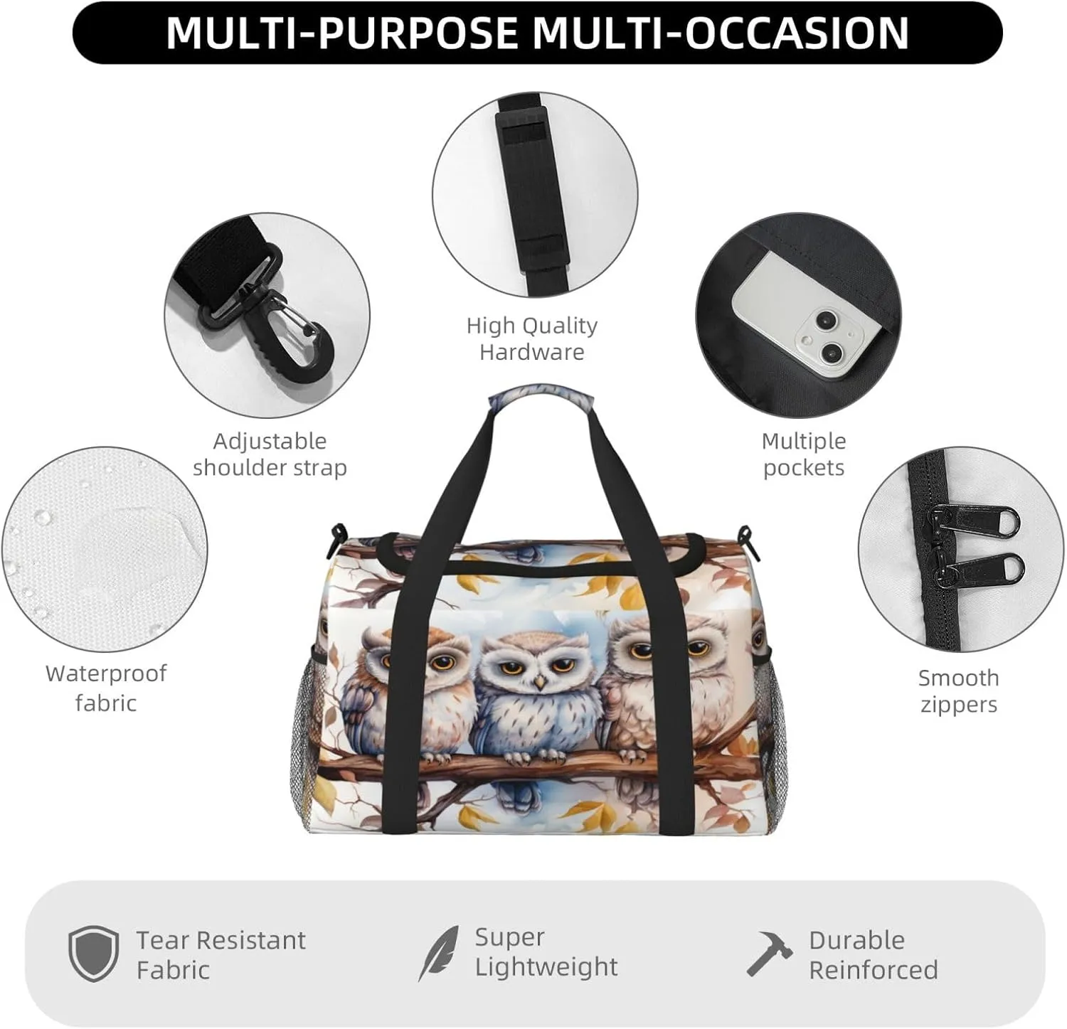 Travel Duffel Bag For Men Women, Animal Owl Bird Art Painting Carry On Sport Gym Bag With Shoulder Strap Lightweight Waterproof Weekender Bag Overnight Bag