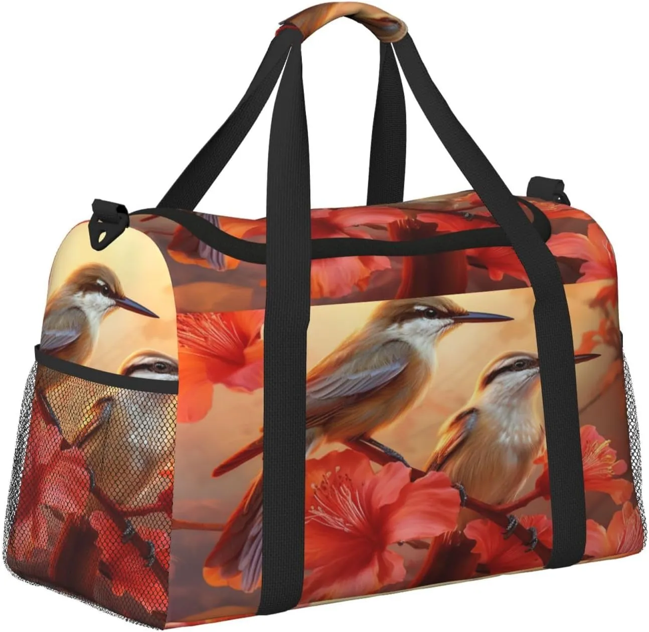 Travel Duffel Bag For Men Women, Autumn Hummingbirds Hibiscus Flowers Carry On Sport Gym Bag With Shoulder Strap Lightweight Waterproof Weekender Bag Overnight Bag