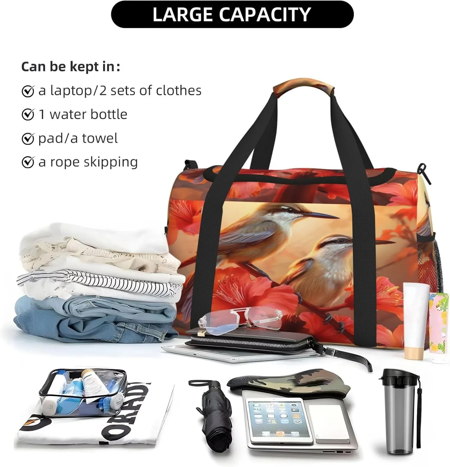 Travel Duffel Bag For Men Women, Autumn Hummingbirds Hibiscus Flowers Carry On Sport Gym Bag With Shoulder Strap Lightweight Waterproof Weekender Bag Overnight Bag