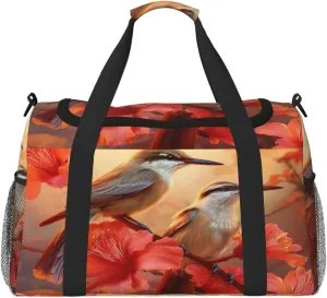 Travel Duffel Bag For Men Women, Autumn Hummingbirds Hibiscus Flowers Carry On Sport Gym Bag With Shoulder Strap Lightweight Waterproof Weekender Bag Overnight Bag