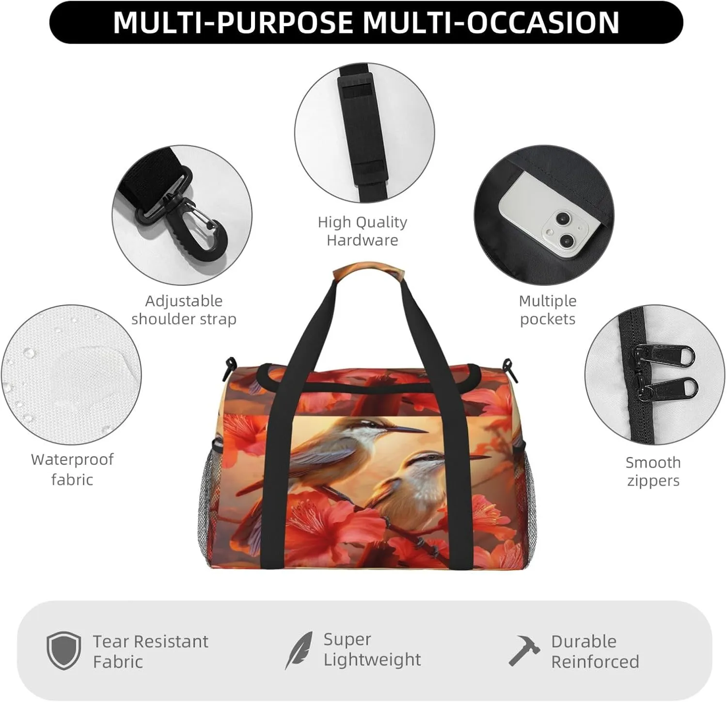 Travel Duffel Bag For Men Women, Autumn Hummingbirds Hibiscus Flowers Carry On Sport Gym Bag With Shoulder Strap Lightweight Waterproof Weekender Bag Overnight Bag