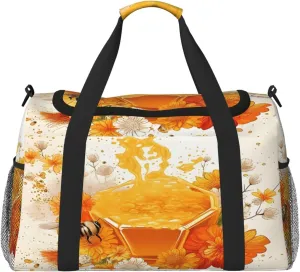 Travel Duffel Bag For Men Women, Bee Honey Floral Art Carry On Sport Gym Bag With Shoulder Strap Lightweight Waterproof Weekender Bag Overnight Bag