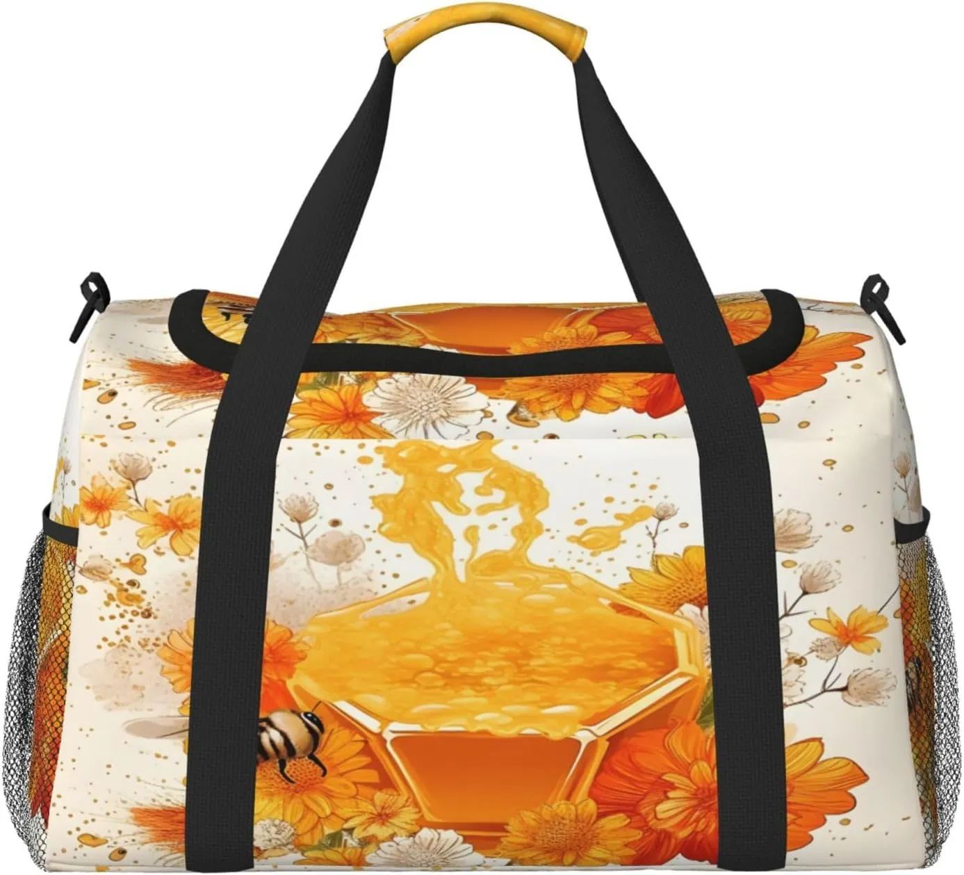 Travel Duffel Bag For Men Women, Bee Honey Floral Art Carry On Sport Gym Bag With Shoulder Strap Lightweight Waterproof Weekender Bag Overnight Bag