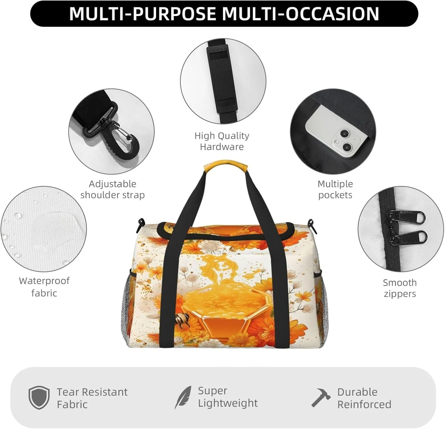 Travel Duffel Bag For Men Women, Bee Honey Floral Art Carry On Sport Gym Bag With Shoulder Strap Lightweight Waterproof Weekender Bag Overnight Bag