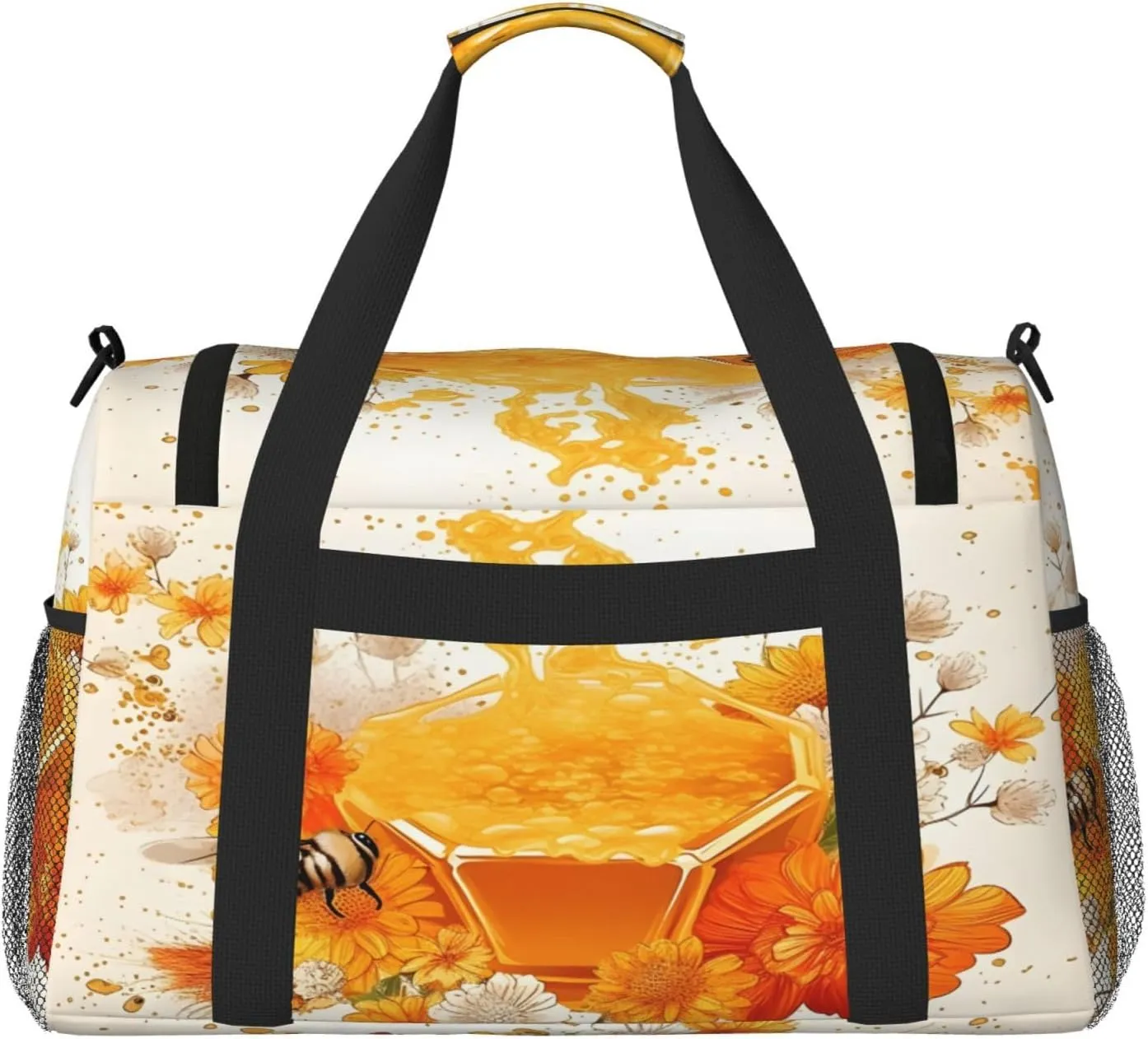 Travel Duffel Bag For Men Women, Bee Honey Floral Art Carry On Sport Gym Bag With Shoulder Strap Lightweight Waterproof Weekender Bag Overnight Bag