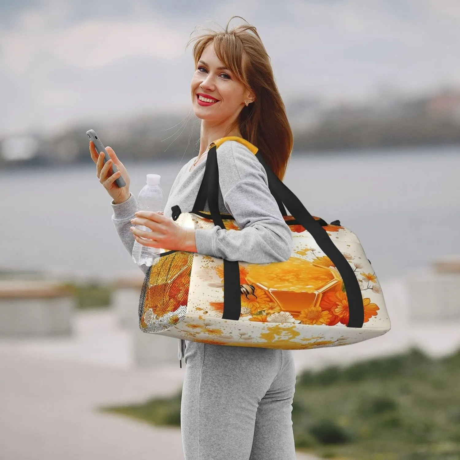Travel Duffel Bag For Men Women, Bee Honey Floral Art Carry On Sport Gym Bag With Shoulder Strap Lightweight Waterproof Weekender Bag Overnight Bag