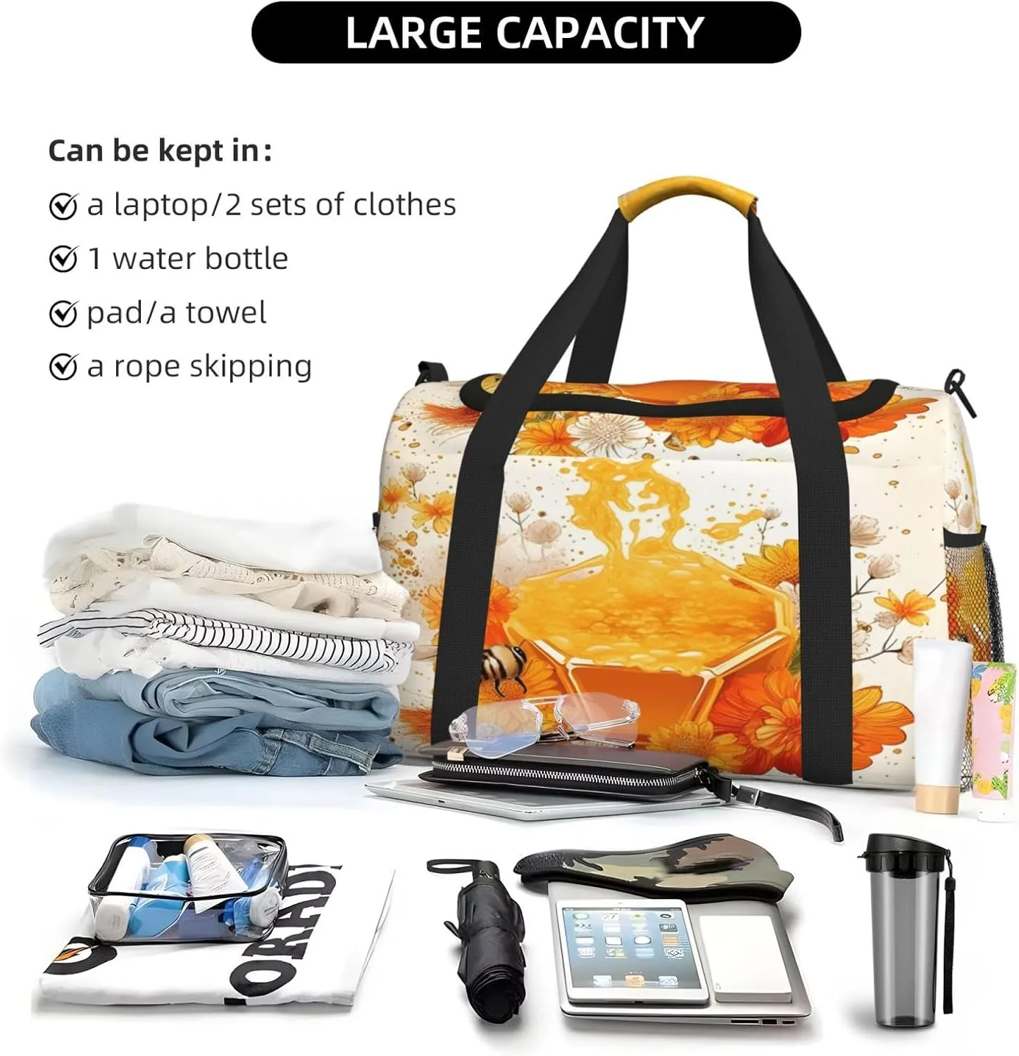 Travel Duffel Bag For Men Women, Bee Honey Floral Art Carry On Sport Gym Bag With Shoulder Strap Lightweight Waterproof Weekender Bag Overnight Bag