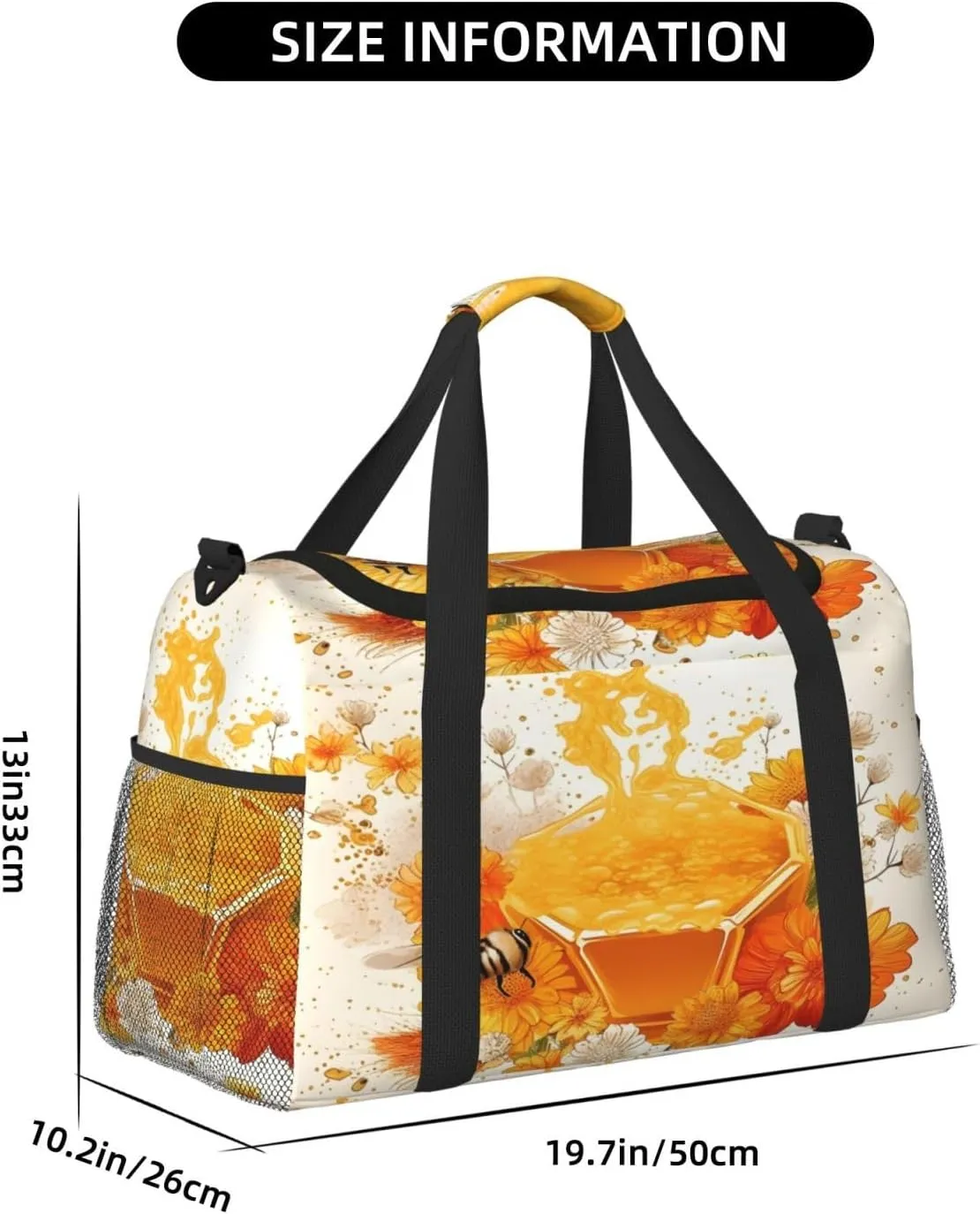 Travel Duffel Bag For Men Women, Bee Honey Floral Art Carry On Sport Gym Bag With Shoulder Strap Lightweight Waterproof Weekender Bag Overnight Bag