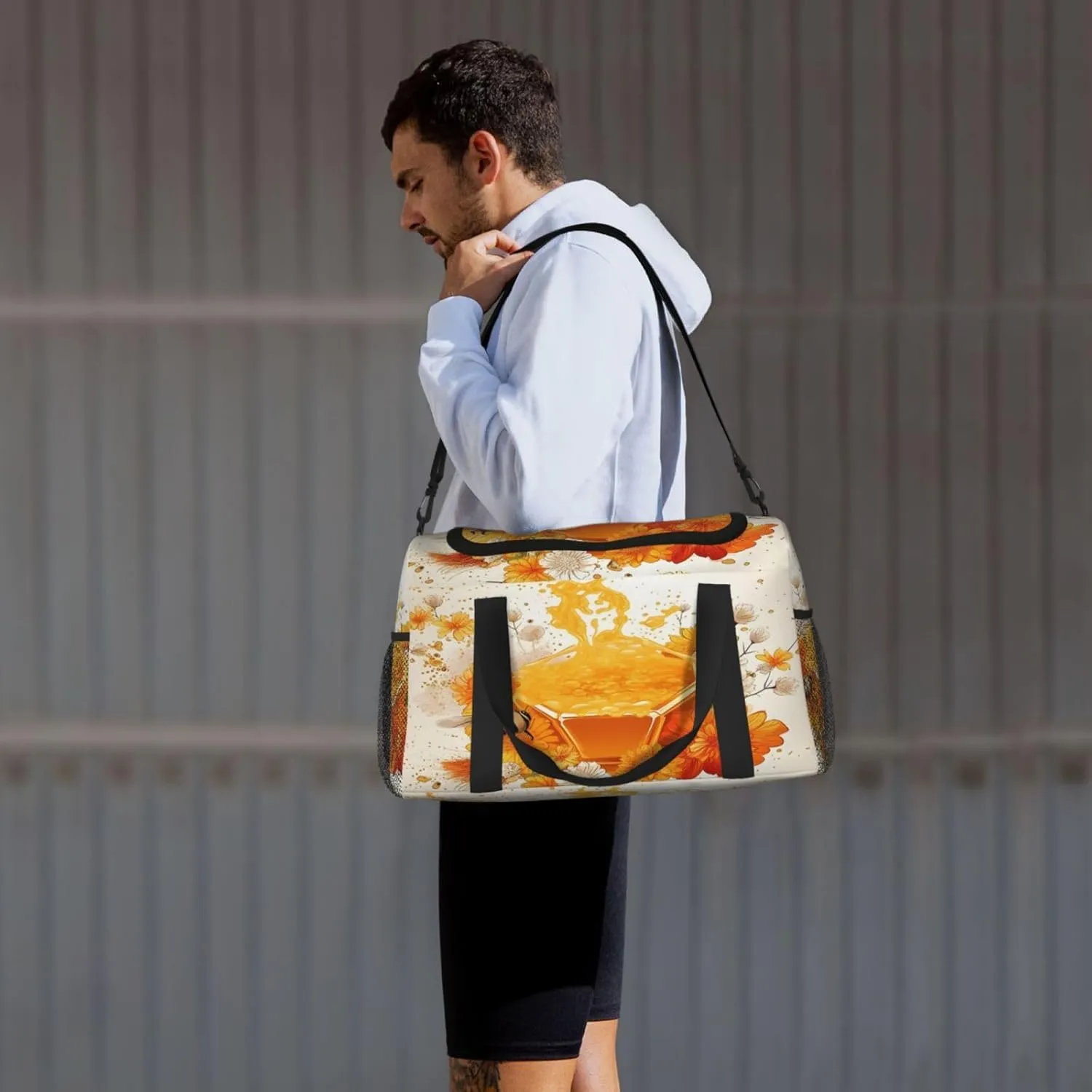 Travel Duffel Bag For Men Women, Bee Honey Floral Art Carry On Sport Gym Bag With Shoulder Strap Lightweight Waterproof Weekender Bag Overnight Bag