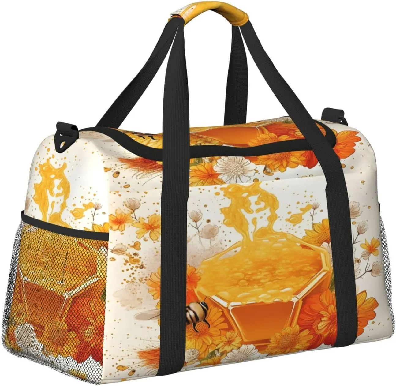 Travel Duffel Bag For Men Women, Bee Honey Floral Art Carry On Sport Gym Bag With Shoulder Strap Lightweight Waterproof Weekender Bag Overnight Bag