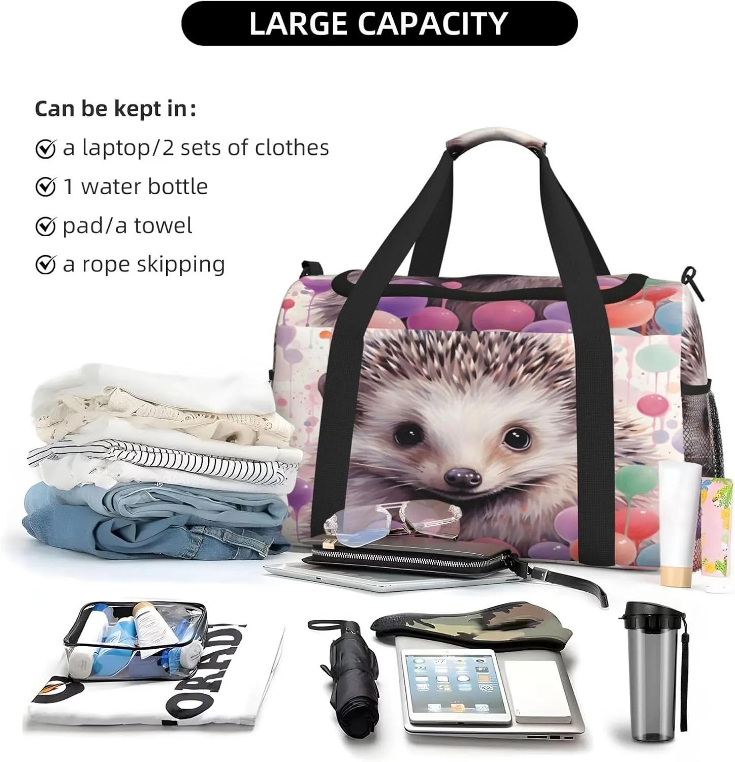 Travel Duffel Bag For Men Women, Colorful Balloon Hedgehog Painting Carry On Sport Gym Bag With Shoulder Strap Lightweight Waterproof Weekender Bag Overnight Bag