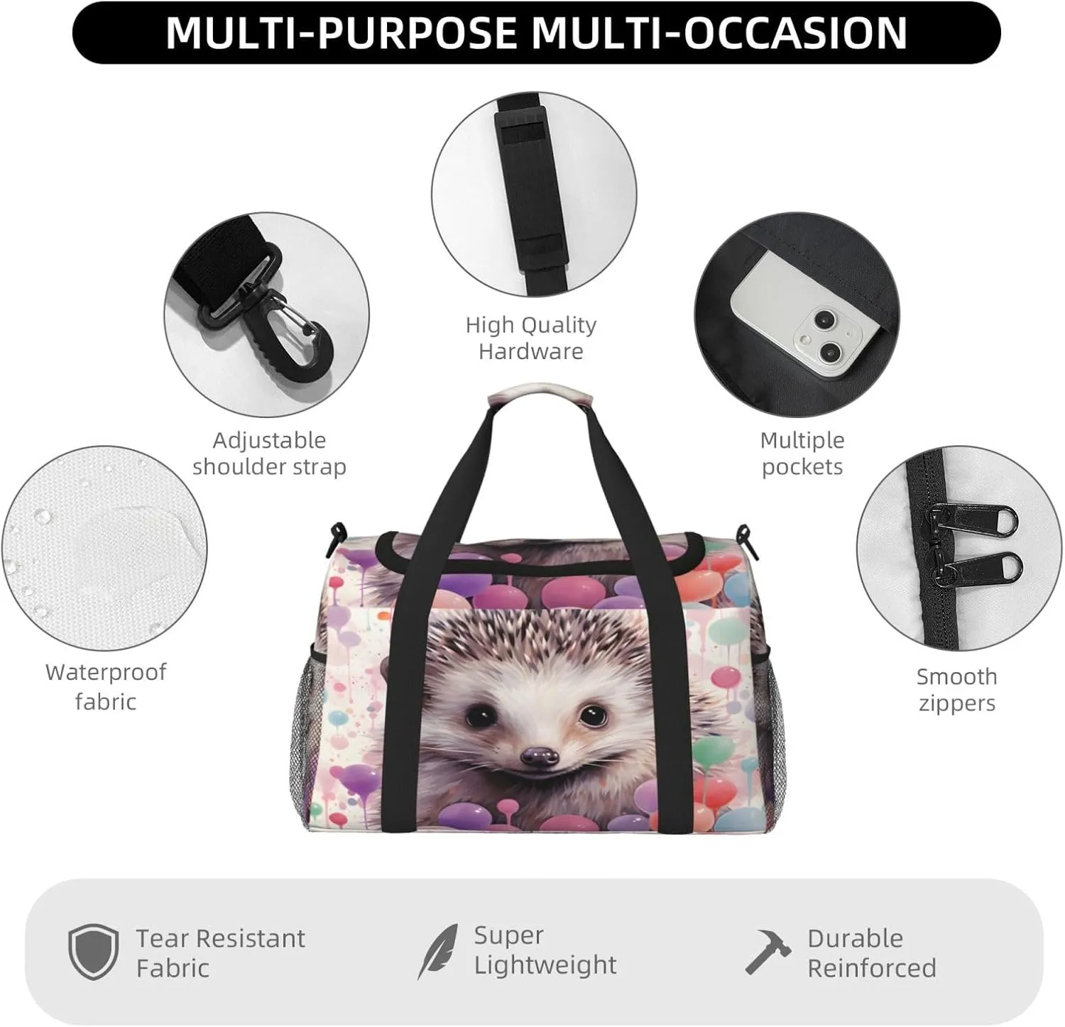 Travel Duffel Bag For Men Women, Colorful Balloon Hedgehog Painting Carry On Sport Gym Bag With Shoulder Strap Lightweight Waterproof Weekender Bag Overnight Bag