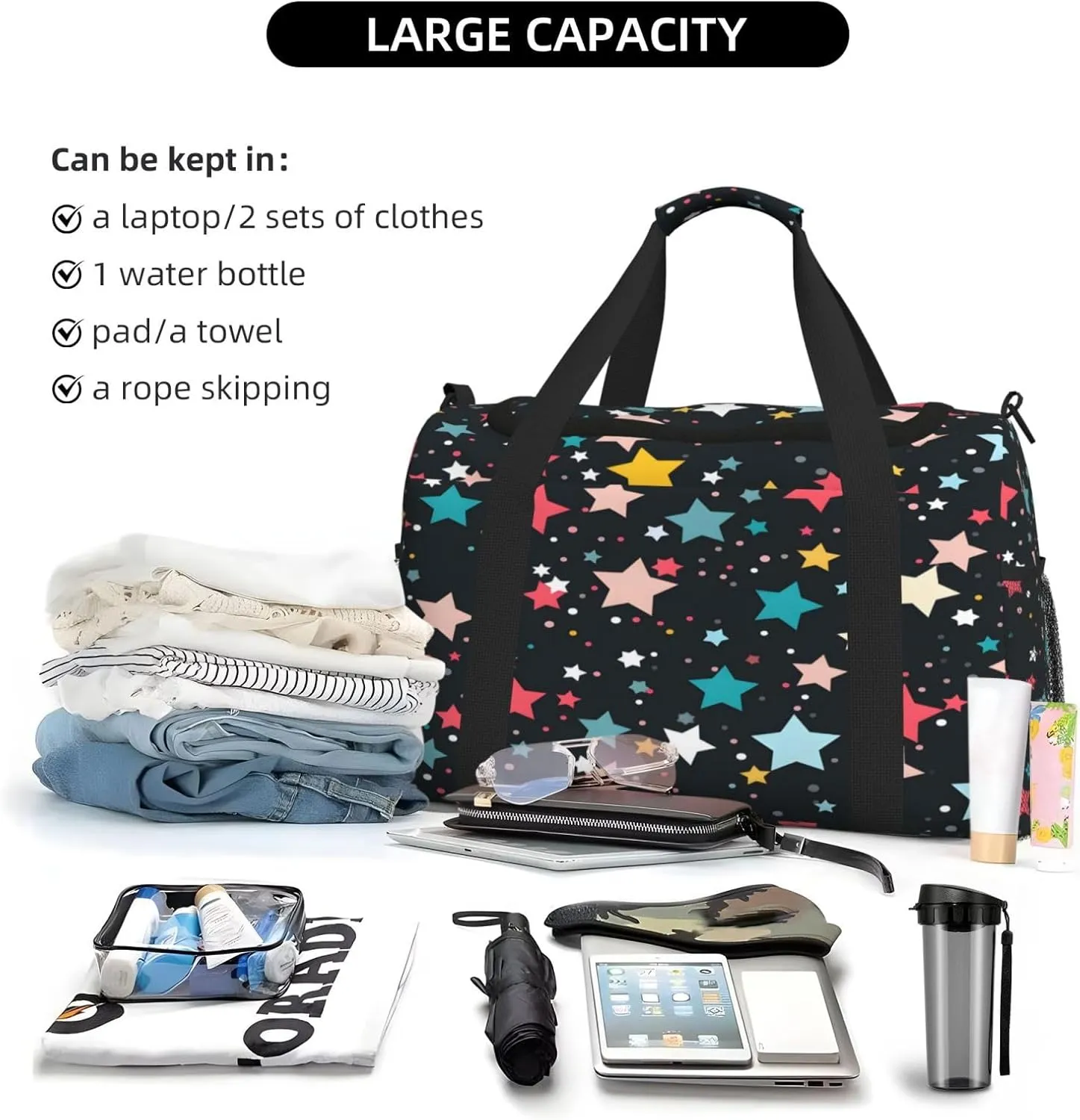 Travel Duffel Bag For Men Women, Colorful Star Pattern Carry On Sport Gym Bag With Shoulder Strap Lightweight Waterproof Weekender Bag Overnight Bag