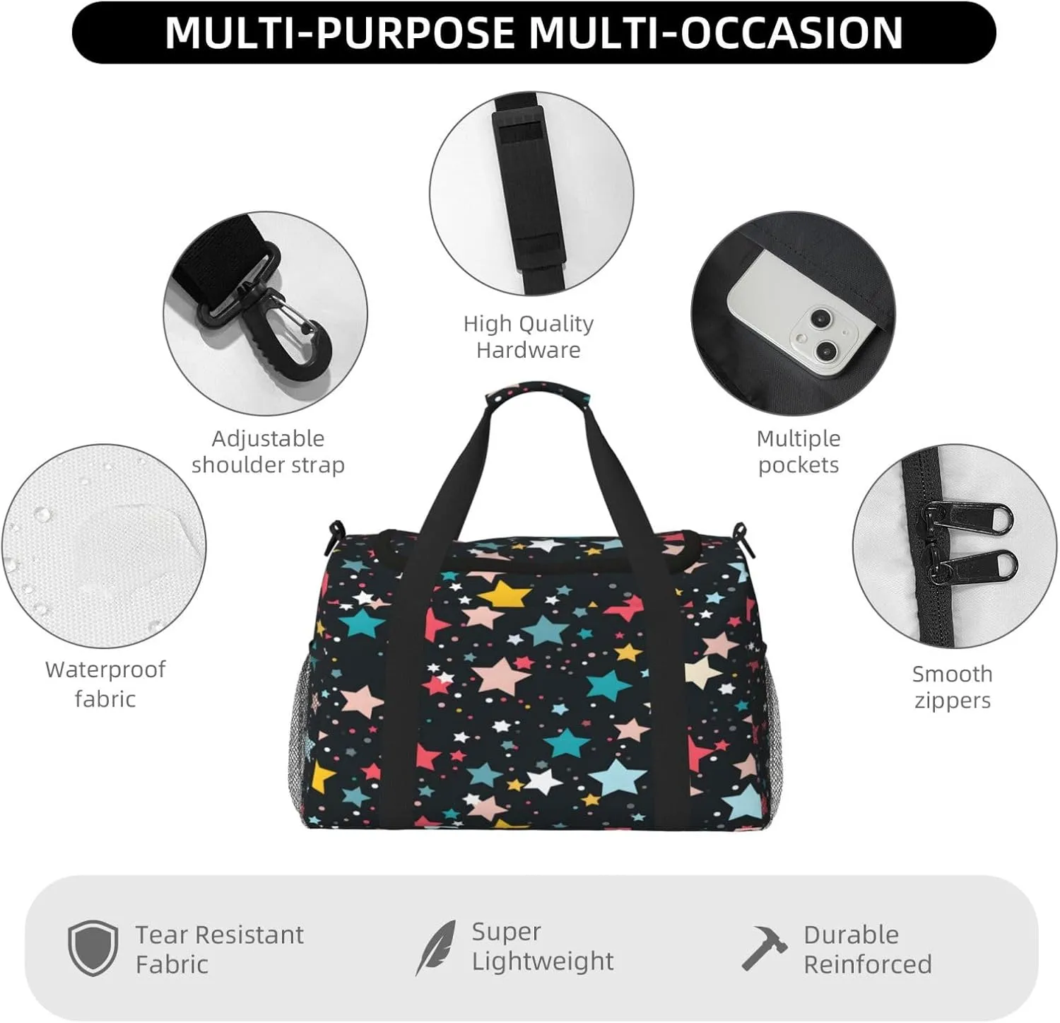 Travel Duffel Bag For Men Women, Colorful Star Pattern Carry On Sport Gym Bag With Shoulder Strap Lightweight Waterproof Weekender Bag Overnight Bag