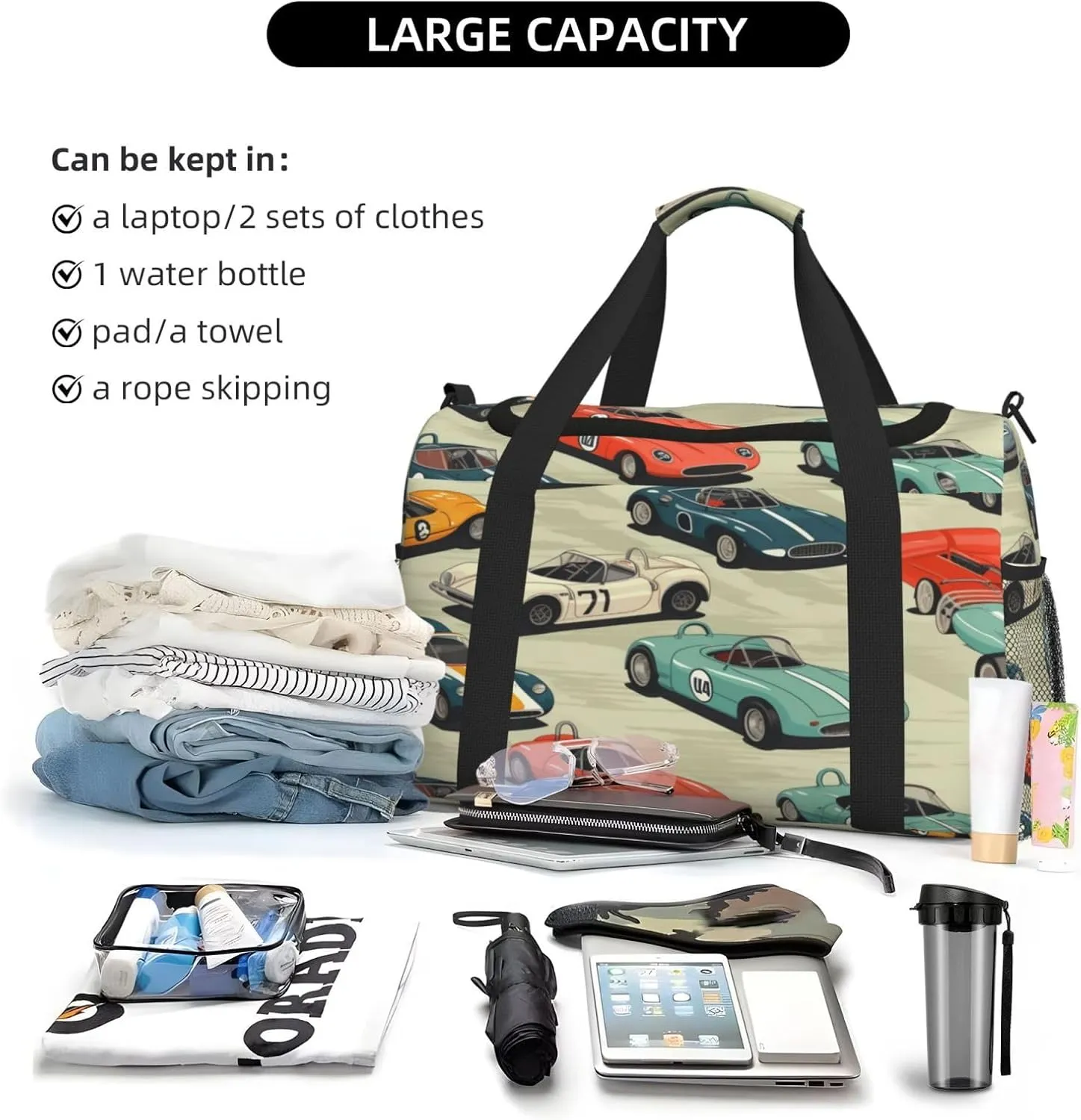 Travel Duffel Bag For Men Women, Cool Race Cars Pattern Carry On Sport Gym Bag With Shoulder Strap Lightweight Waterproof Weekender Bag Overnight Bag