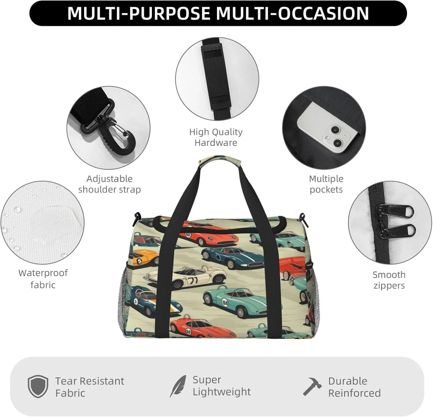 Travel Duffel Bag For Men Women, Cool Race Cars Pattern Carry On Sport Gym Bag With Shoulder Strap Lightweight Waterproof Weekender Bag Overnight Bag