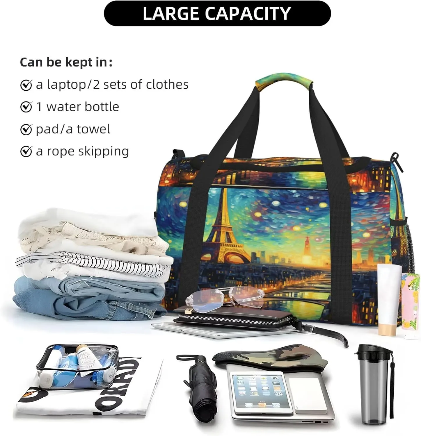 Travel Duffel Bag For Men Women, Eiffel Tower Galaxy Art Apinting Carry On Sport Gym Bag With Shoulder Strap Lightweight Waterproof Weekender Bag Overnight Bag