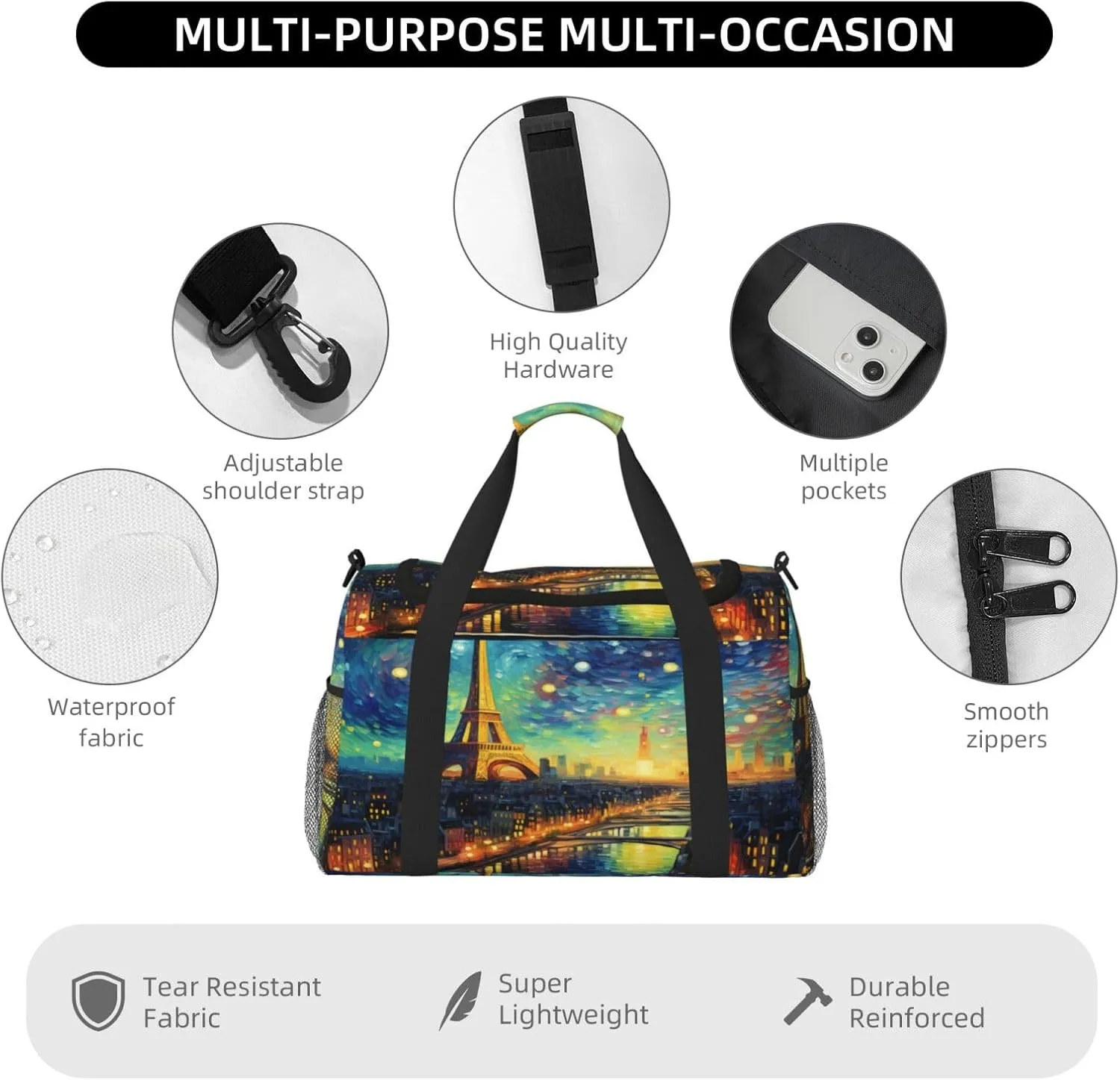 Travel Duffel Bag For Men Women, Eiffel Tower Galaxy Art Apinting Carry On Sport Gym Bag With Shoulder Strap Lightweight Waterproof Weekender Bag Overnight Bag