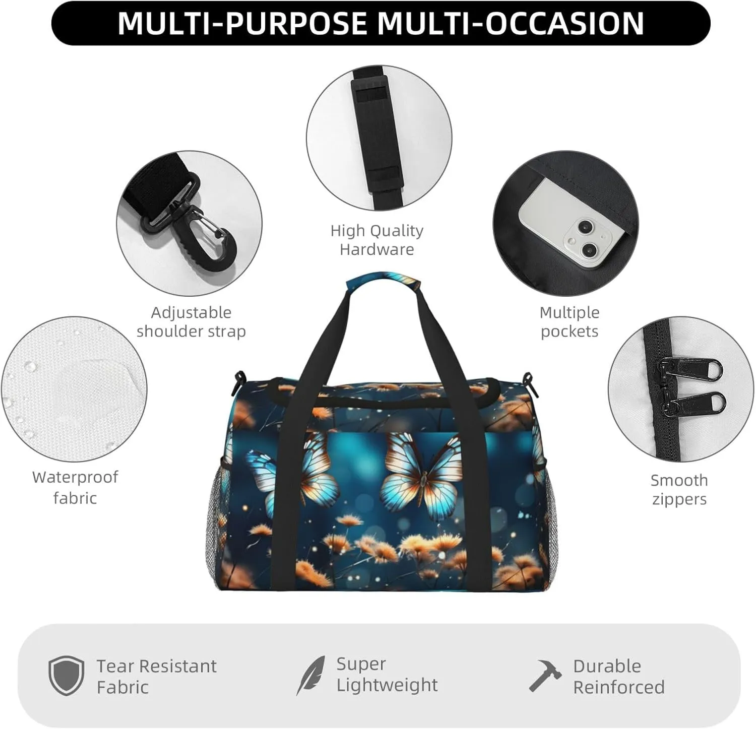 Travel Duffel Bag For Men Women, Fatasy Butterly Floral Carry On Sport Gym Bag With Shoulder Strap Lightweight Waterproof Weekender Bag Overnight Bag