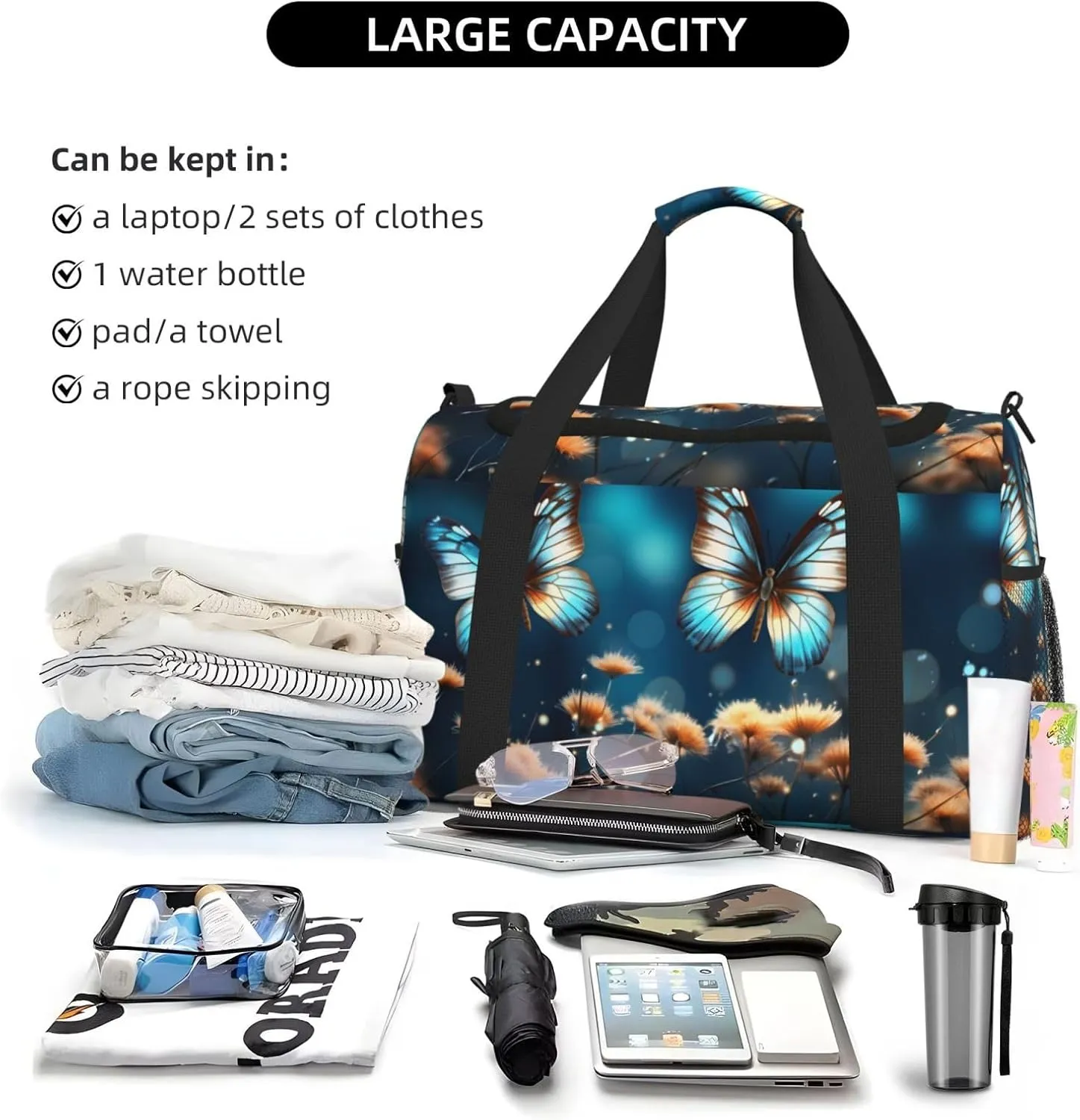 Travel Duffel Bag For Men Women, Fatasy Butterly Floral Carry On Sport Gym Bag With Shoulder Strap Lightweight Waterproof Weekender Bag Overnight Bag