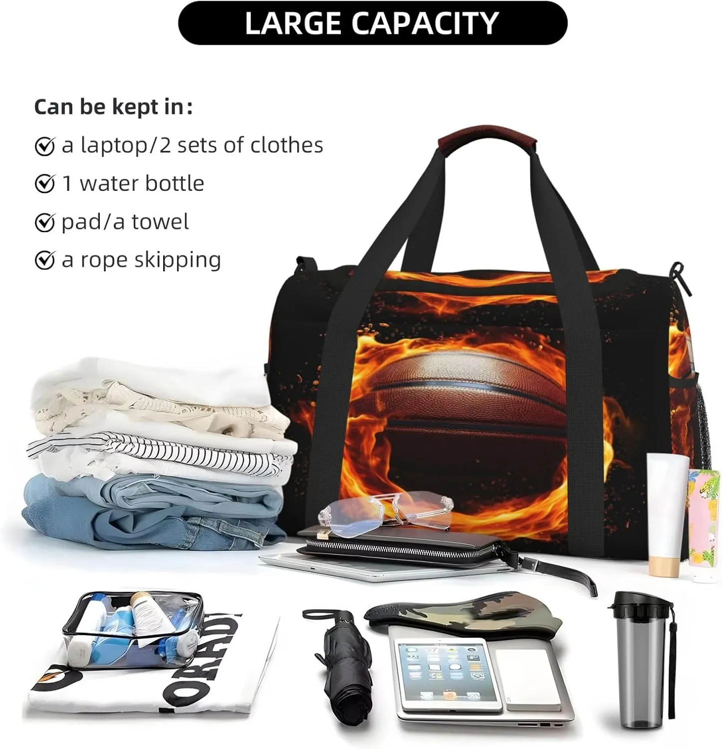 Travel Duffel Bag For Men Women, Fire Sport Basketball Carry On Sport Gym Bag With Shoulder Strap Lightweight Waterproof Weekender Bag Overnight Bag