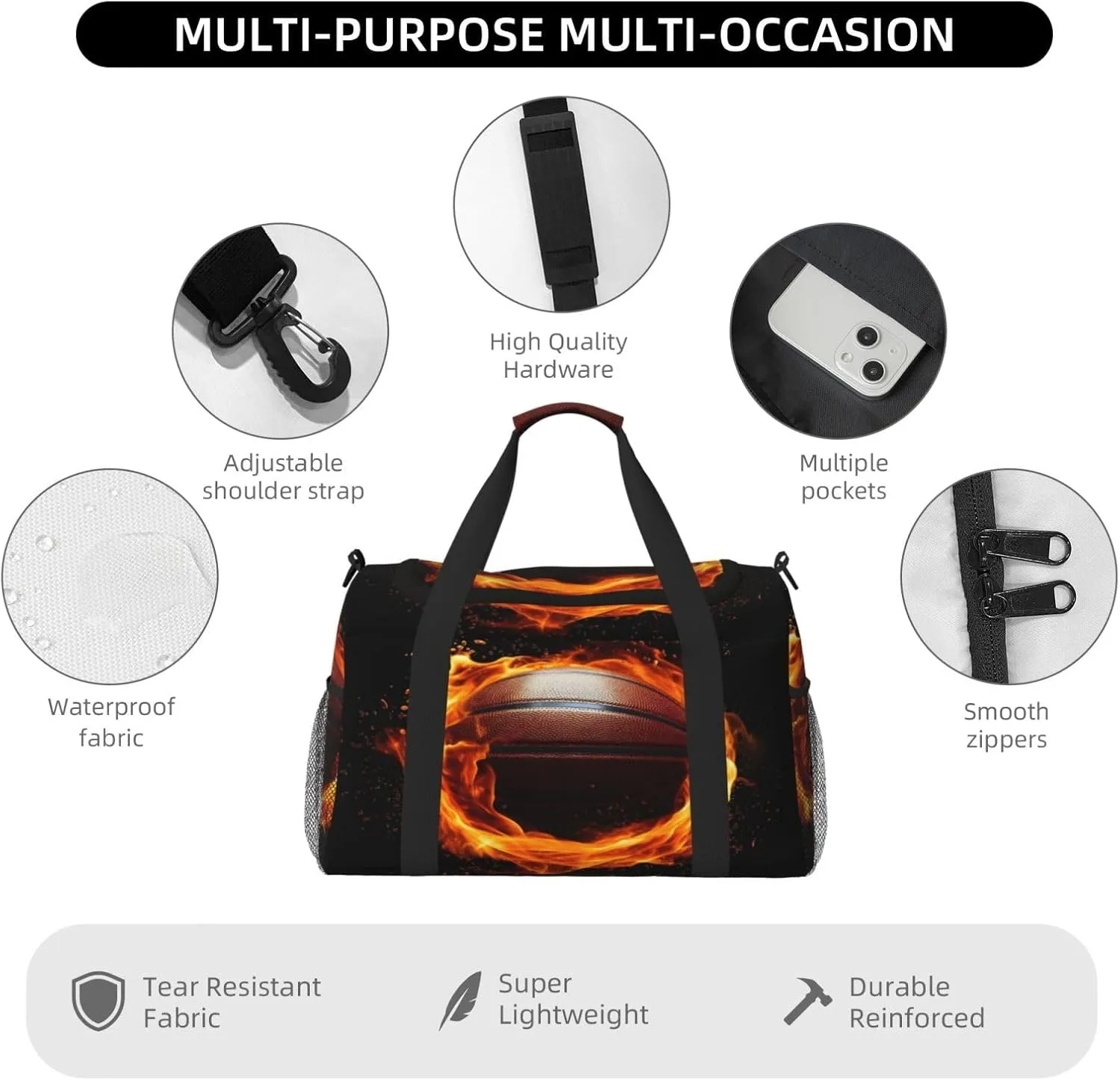 Travel Duffel Bag For Men Women, Fire Sport Basketball Carry On Sport Gym Bag With Shoulder Strap Lightweight Waterproof Weekender Bag Overnight Bag
