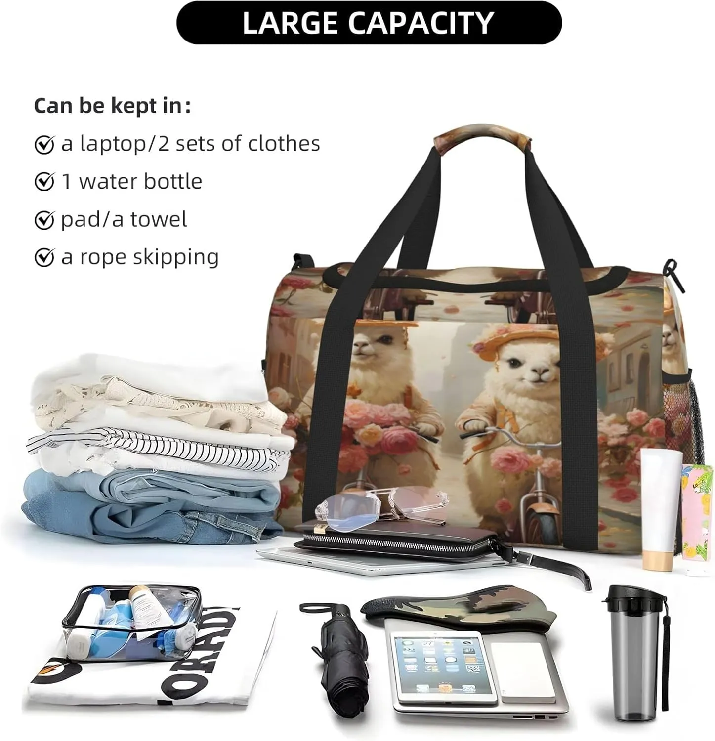 Travel Duffel Bag For Men Women, Funny Alpace By Bike Carry On Sport Gym Bag With Shoulder Strap Lightweight Waterproof Weekender Bag Overnight Bag
