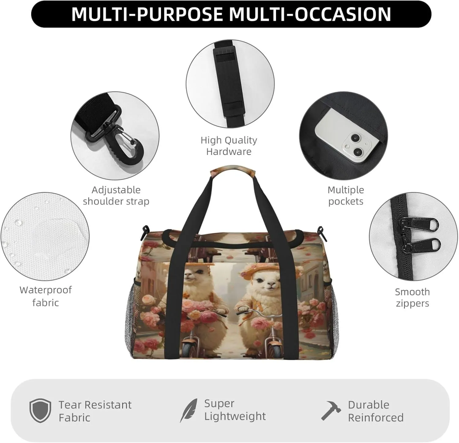 Travel Duffel Bag For Men Women, Funny Alpace By Bike Carry On Sport Gym Bag With Shoulder Strap Lightweight Waterproof Weekender Bag Overnight Bag
