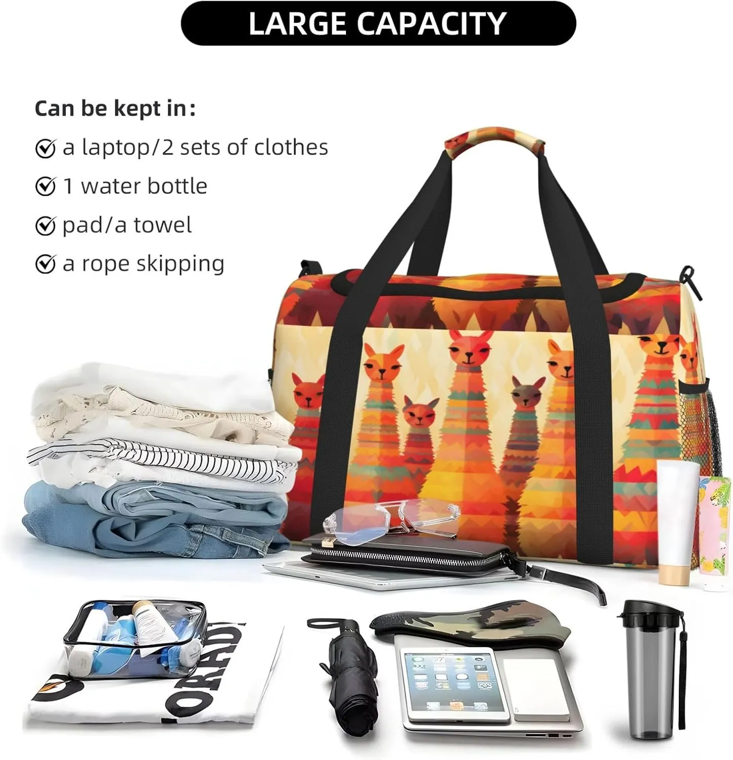 Travel Duffel Bag For Men Women, Funny Animal Alpaca Lama Carry On Sport Gym Bag With Shoulder Strap Lightweight Waterproof Weekender Bag Overnight Bag