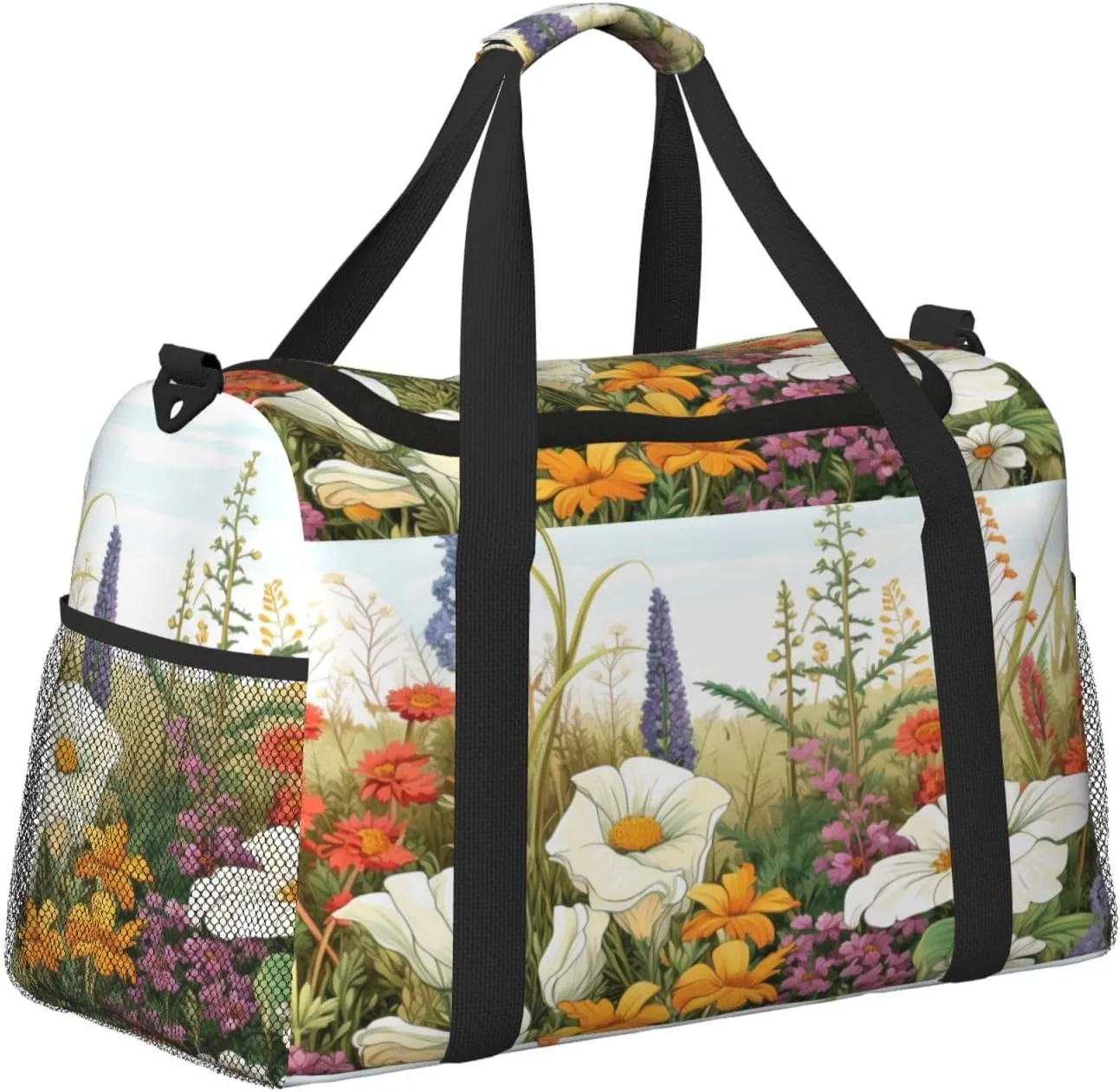 Travel Duffel Bag For Men Women, Meadow Wildflowers Herbs Filed Carry On Sport Gym Bag With Shoulder Strap Lightweight Waterproof Weekender Bag Overnight Bag