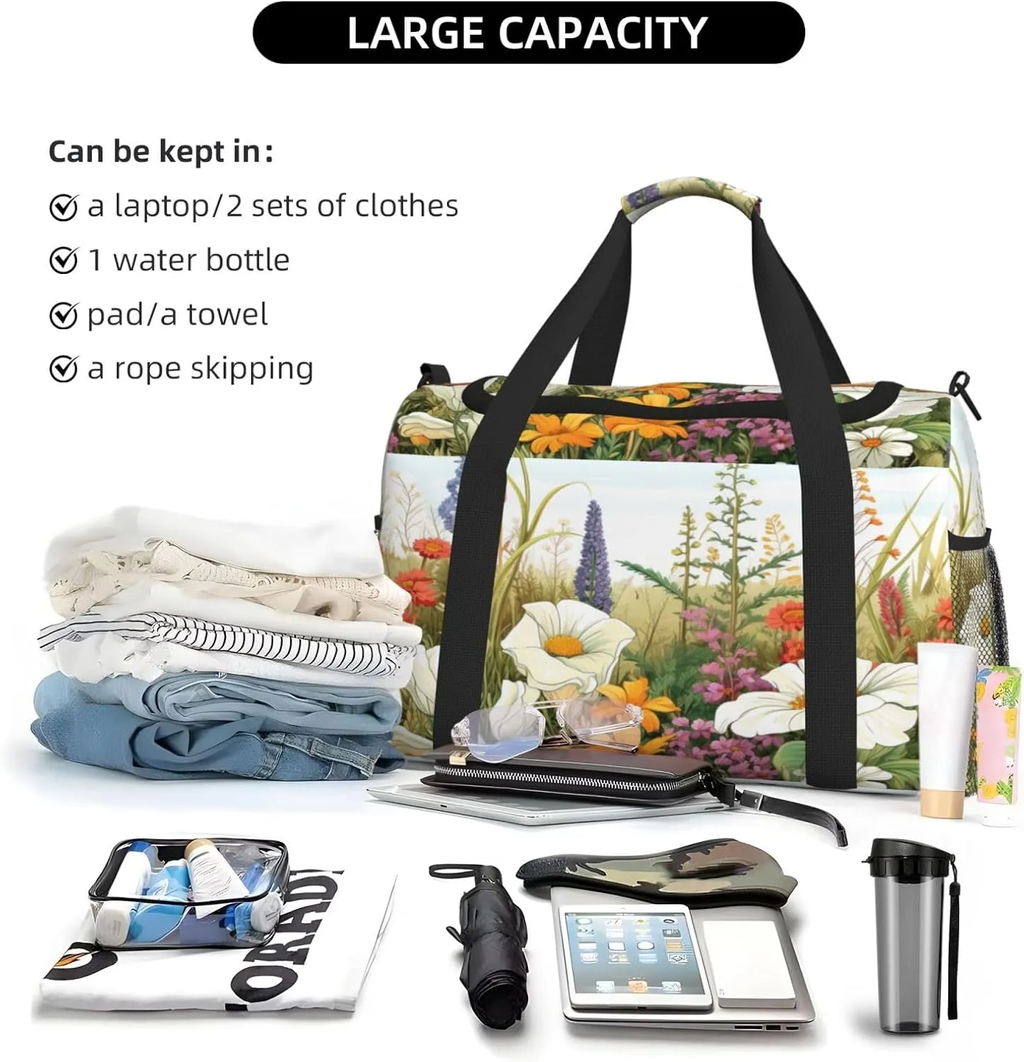 Travel Duffel Bag For Men Women, Meadow Wildflowers Herbs Filed Carry On Sport Gym Bag With Shoulder Strap Lightweight Waterproof Weekender Bag Overnight Bag