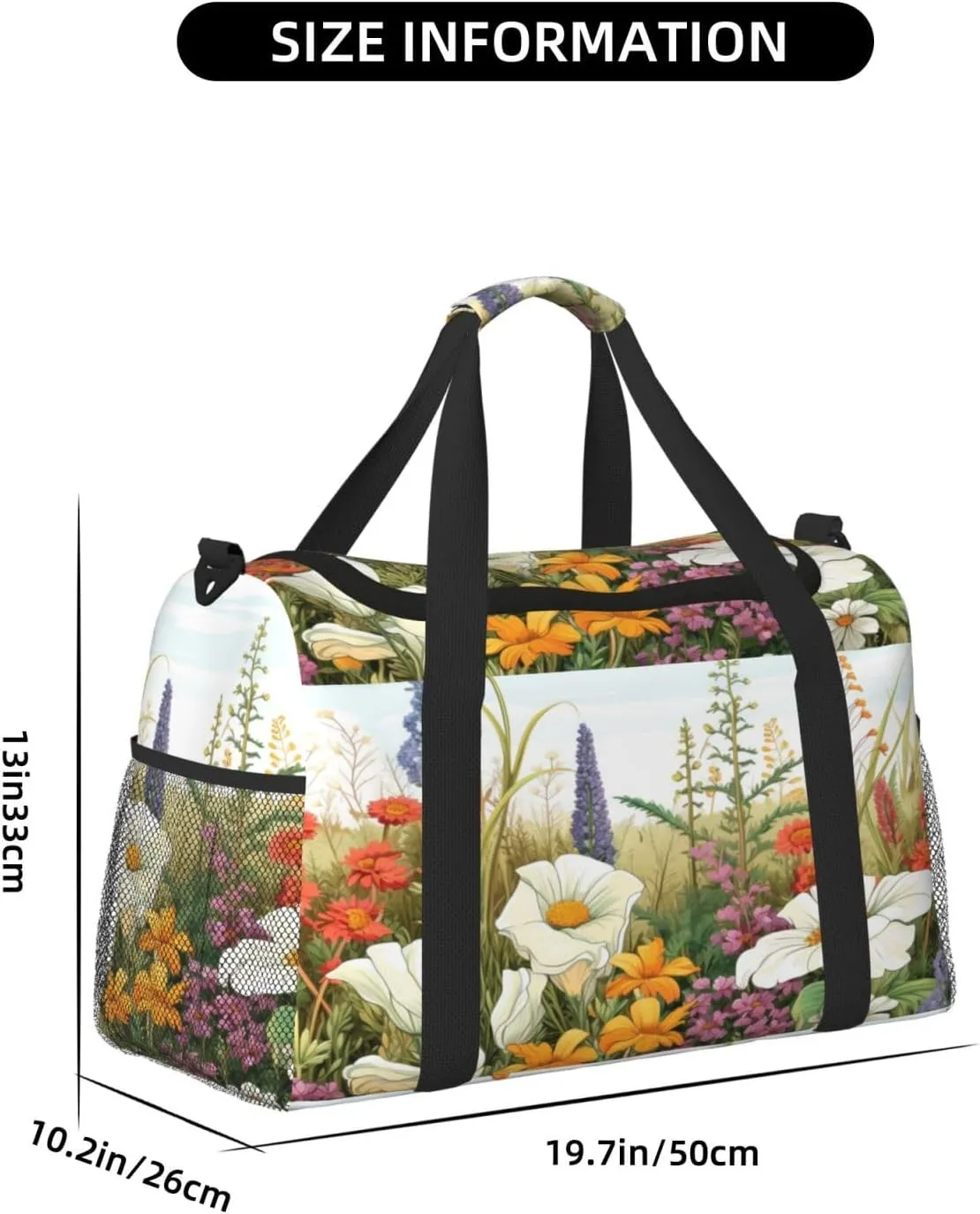Travel Duffel Bag For Men Women, Meadow Wildflowers Herbs Filed Carry On Sport Gym Bag With Shoulder Strap Lightweight Waterproof Weekender Bag Overnight Bag