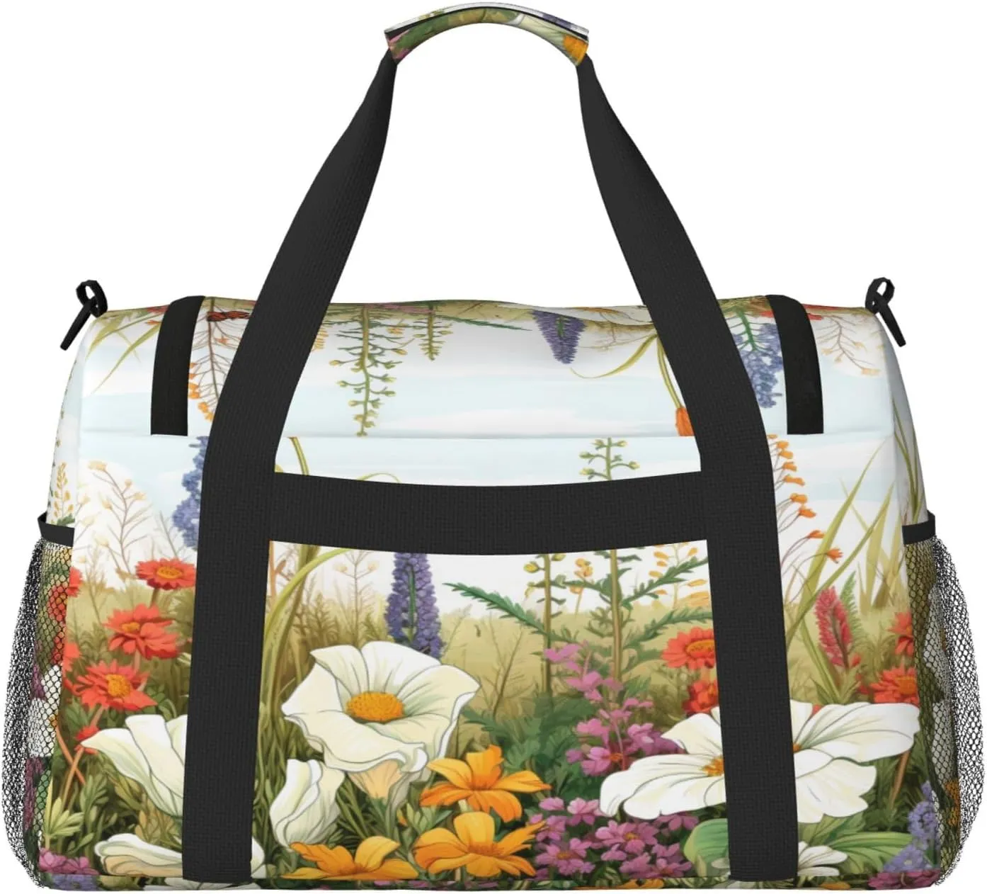 Travel Duffel Bag For Men Women, Meadow Wildflowers Herbs Filed Carry On Sport Gym Bag With Shoulder Strap Lightweight Waterproof Weekender Bag Overnight Bag