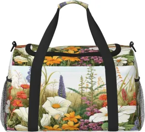 Travel Duffel Bag For Men Women, Meadow Wildflowers Herbs Filed Carry On Sport Gym Bag With Shoulder Strap Lightweight Waterproof Weekender Bag Overnight Bag