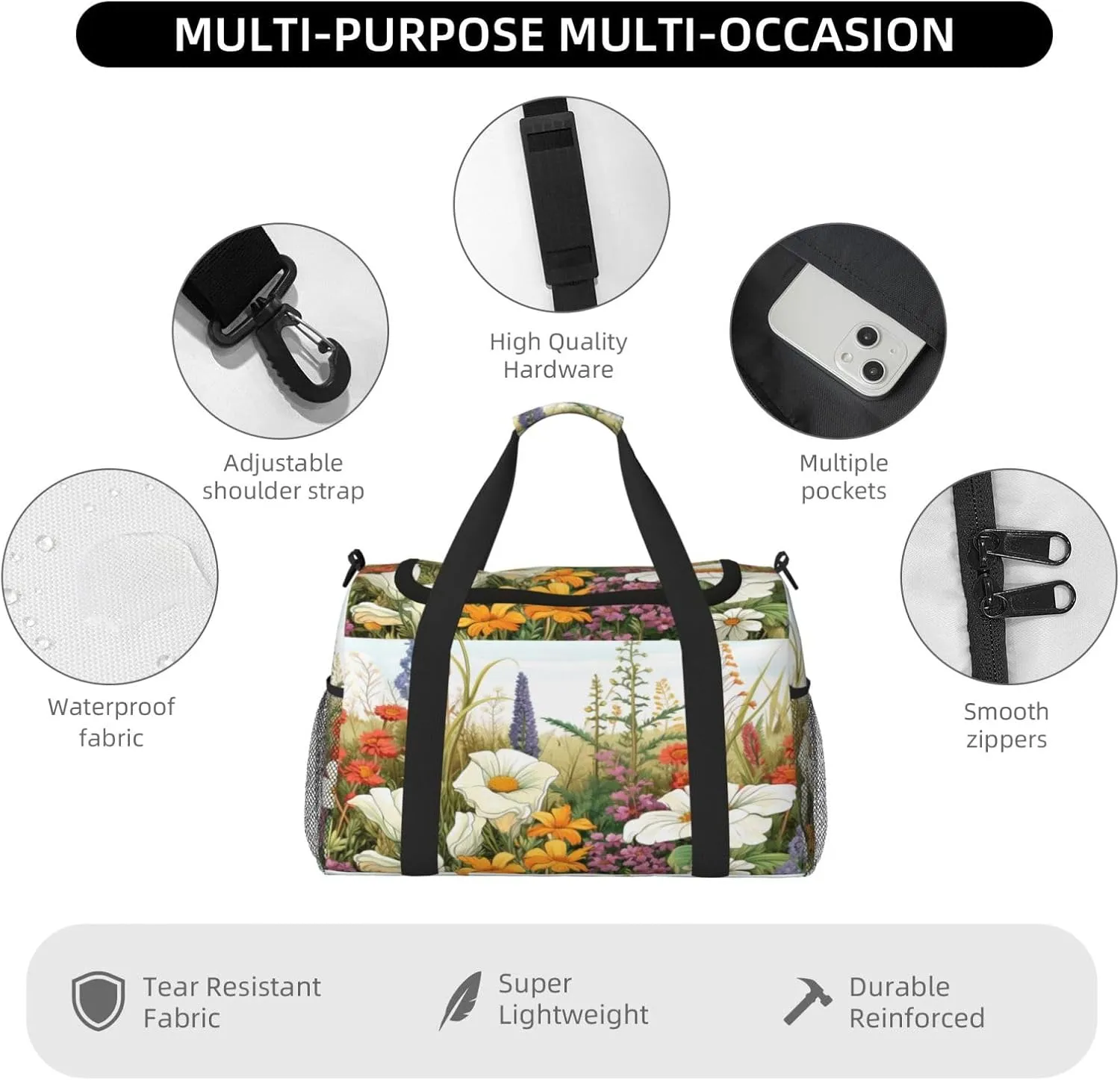 Travel Duffel Bag For Men Women, Meadow Wildflowers Herbs Filed Carry On Sport Gym Bag With Shoulder Strap Lightweight Waterproof Weekender Bag Overnight Bag